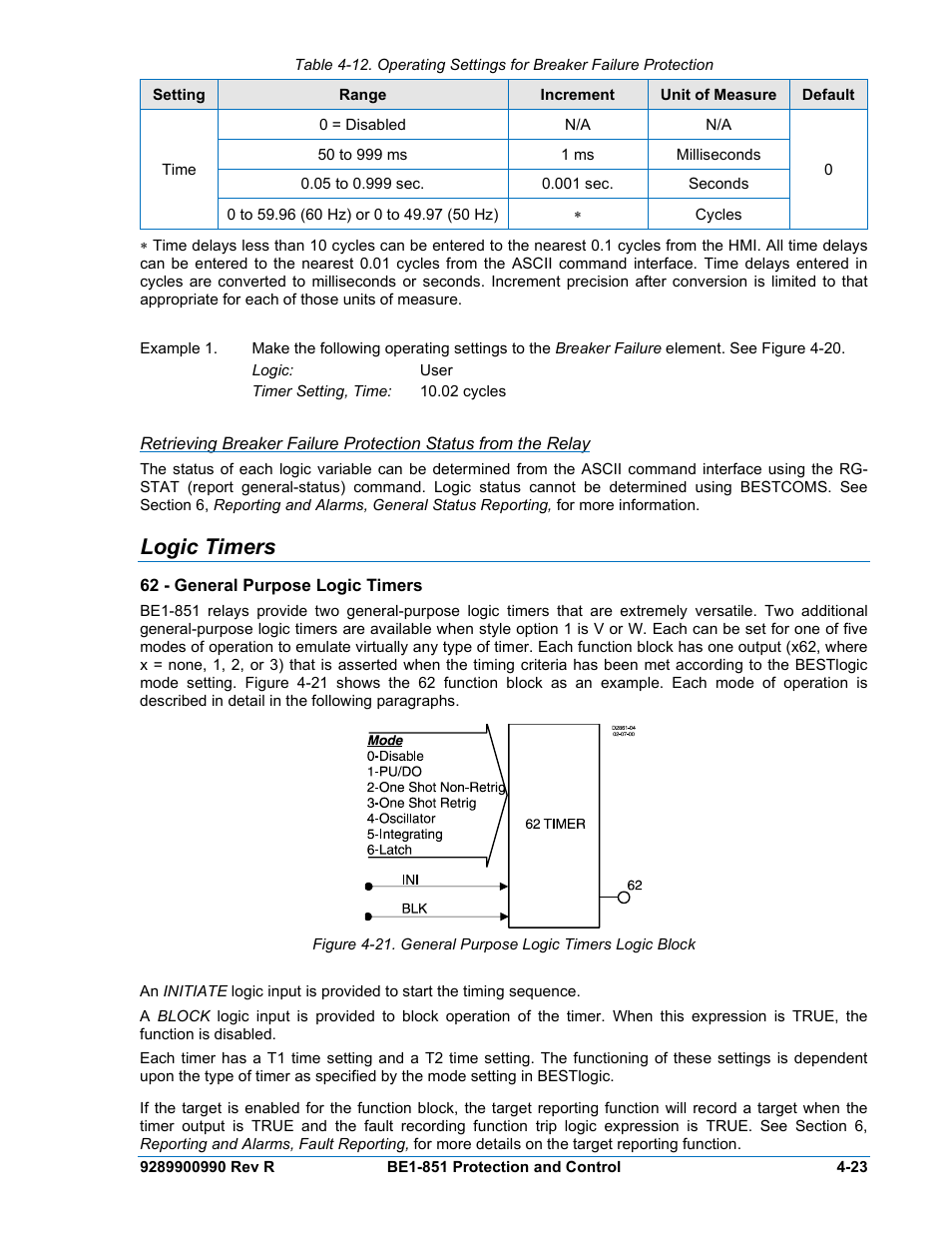 Logic timers, 62 - general purpose logic timers, Logic timers -23 | 62 - general purpose logic timers -23 | Basler Electric BE1-851 User Manual | Page 79 / 364