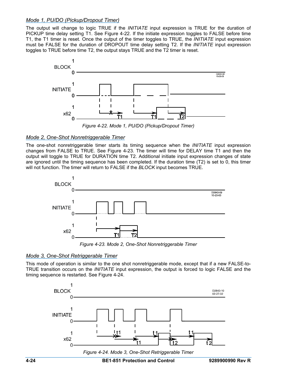 Mode 1, pu/do (pickup/dropout timer), Mode 2, one-shot nonretriggerable timer, Mode 3, one-shot retriggerable timer | Mode 1, pu/do (pickup/dropout timer) -24, Mode 2, one-shot nonretriggerable timer -24, Mode 3, one-shot retriggerable timer -24 | Basler Electric BE1-851 User Manual | Page 80 / 364