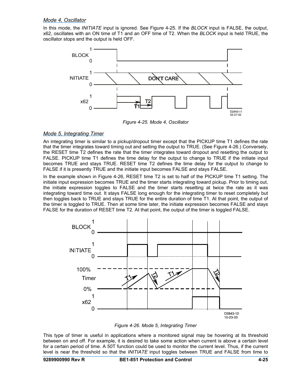 Mode 4, oscillator, Mode 5, integrating timer, Mode 4, oscillator -25 | Mode 5, integrating timer -25, Figure 4-25. mode 4, oscillator -25, Figure 4-26. mode 5, integrating timer -25 | Basler Electric BE1-851 User Manual | Page 81 / 364
