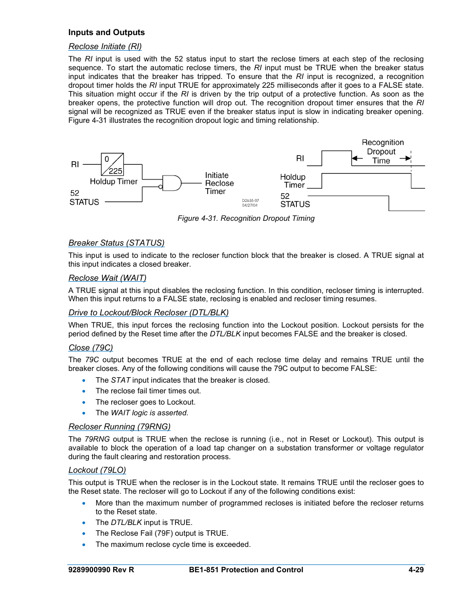 Inputs and outputs, Reclose initiate (ri), Breaker status (status) | Reclose wait (wait), Drive to lockout/block recloser (dtl/blk), Close (79c), Recloser running (79rng), Lockout (79lo), Inputs and outputs -29, Reclose initiate (ri) -29 | Basler Electric BE1-851 User Manual | Page 85 / 364