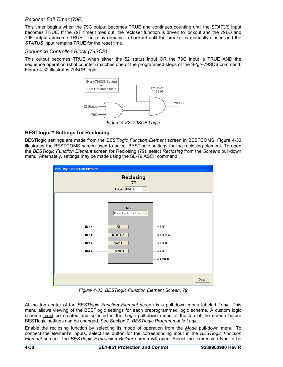 Recloser fail timer (79f), Sequence controlled block (79scb), Bestlogic™ settings for reclosing | Recloser fail timer (79f) -30, Sequence controlled block (79scb) -30, Bestlogic settings for reclosing -30, Figure 4-32. 79scb logic -30 | Basler Electric BE1-851 User Manual | Page 86 / 364
