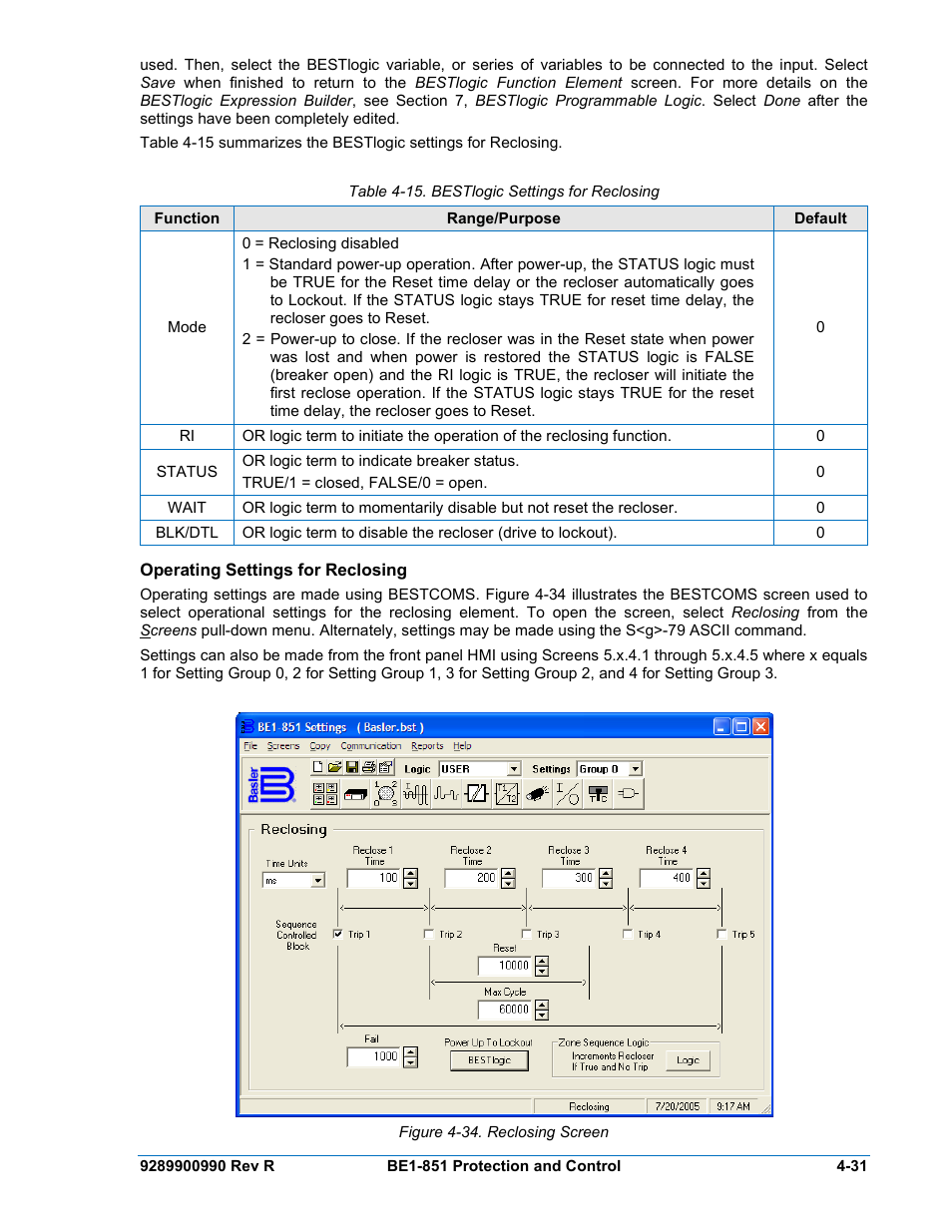 Operating settings for reclosing, Operating settings for reclosing -31, Figure 4-34. reclosing screen -31 | Table 4-15. bestlogic settings for reclosing -31 | Basler Electric BE1-851 User Manual | Page 87 / 364