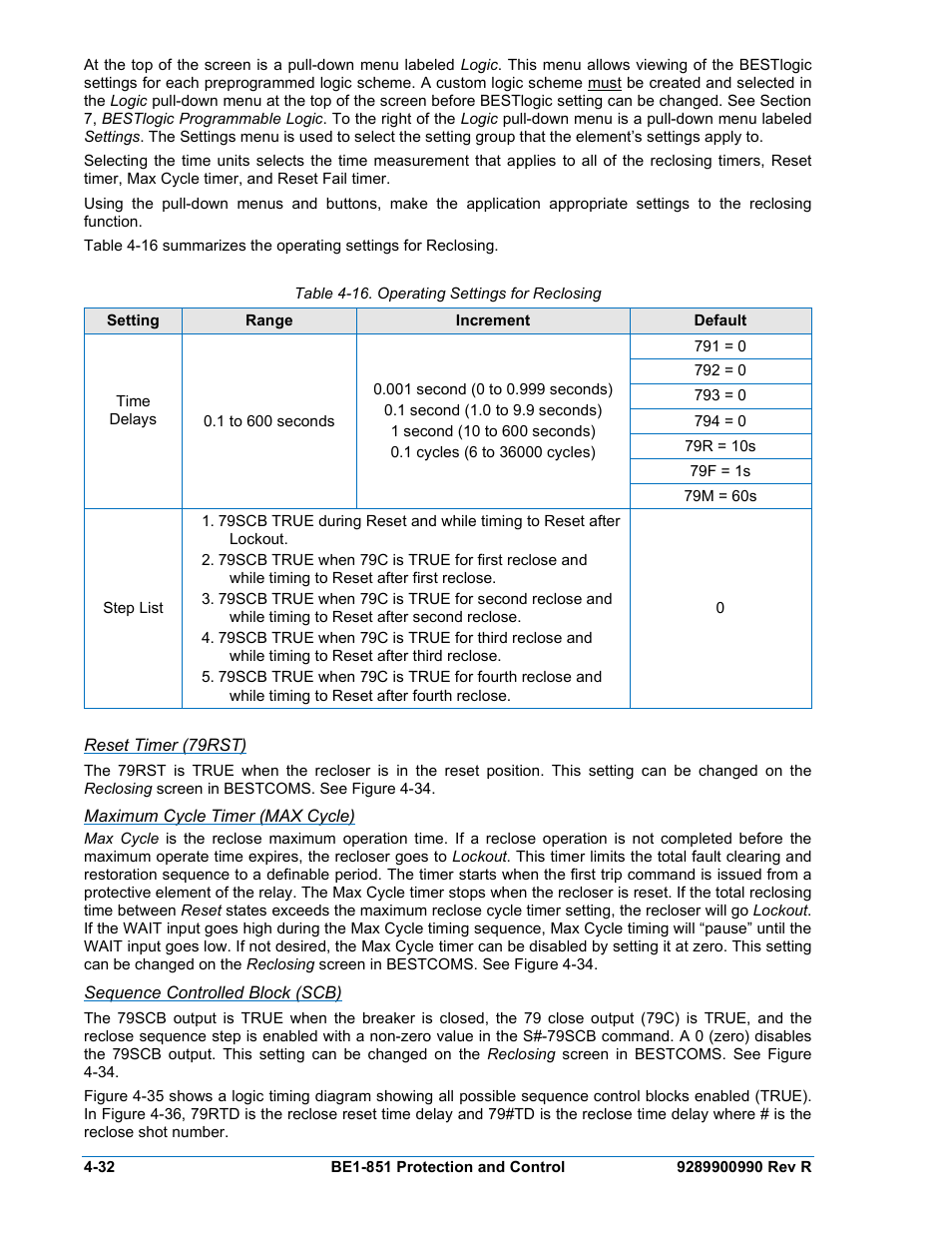 Reset timer (79rst), Maximum cycle timer (max cycle), Sequence controlled block (scb) | Reset timer (79rst) -32, Maximum cycle timer (max cycle) -32, Sequence controlled block (scb) -32, Table 4-16. operating settings for reclosing -32 | Basler Electric BE1-851 User Manual | Page 88 / 364