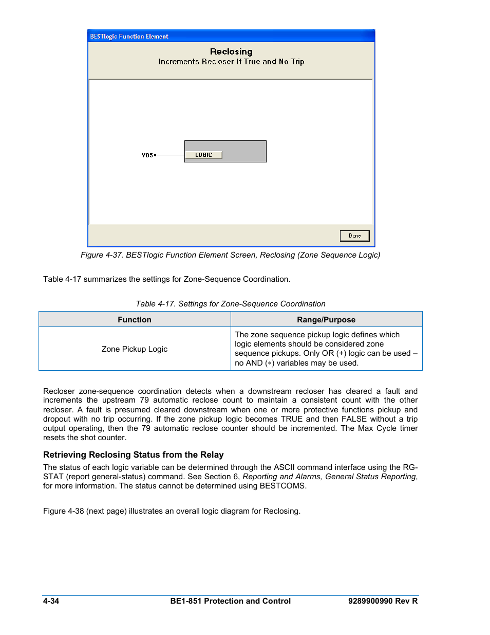Retrieving reclosing status from the relay, Retrieving reclosing status from the relay -34 | Basler Electric BE1-851 User Manual | Page 90 / 364