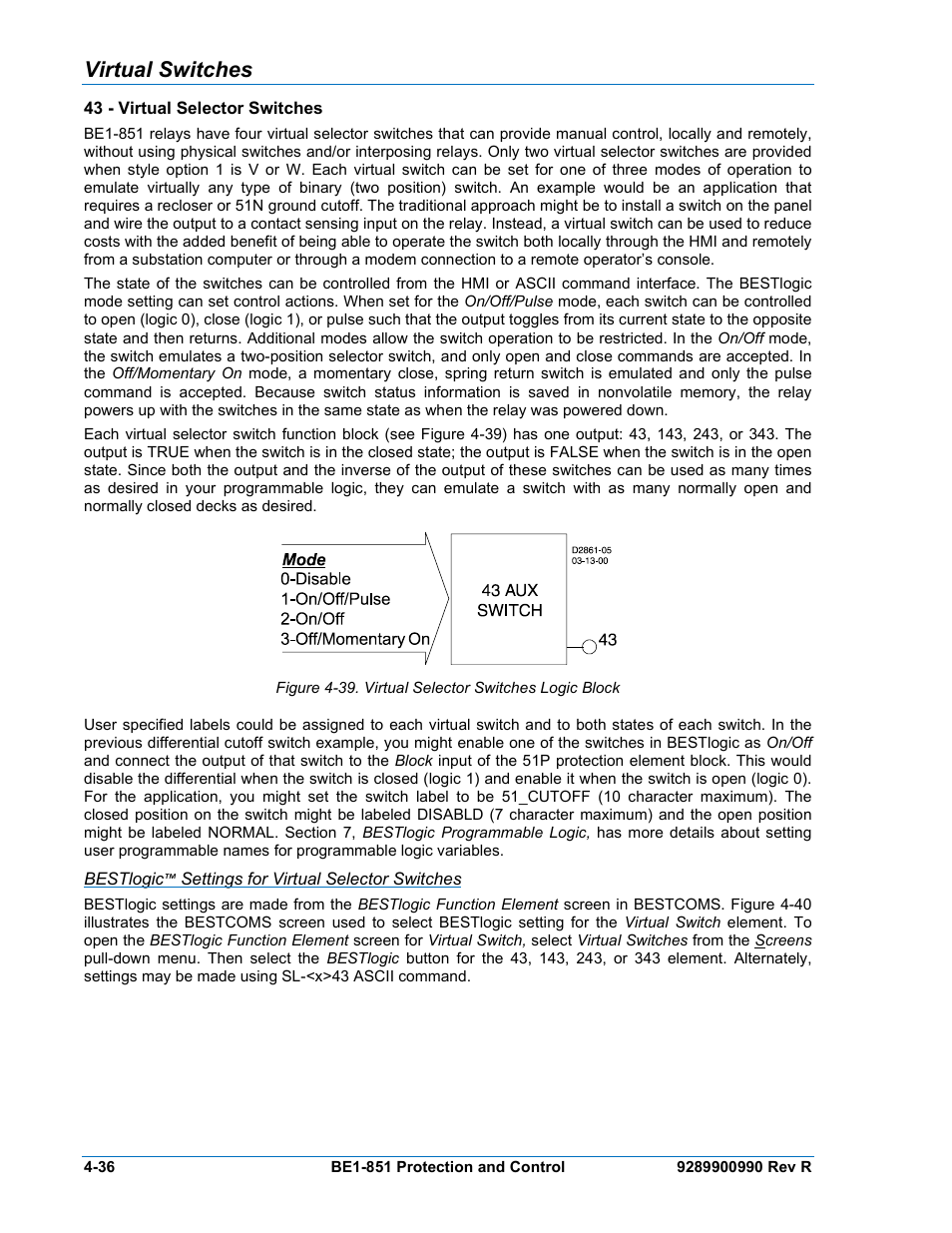 Virtual switches, 43 - virtual selector switches, Bestlogic™ settings for virtual selector switches | Virtual switches -36, 43 - virtual selector switches -36 | Basler Electric BE1-851 User Manual | Page 92 / 364