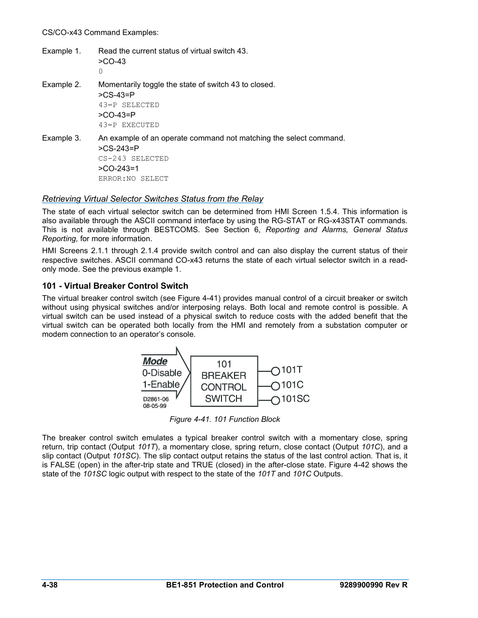 101 - virtual breaker control switch, 101 - virtual breaker control switch -38, Figure 4-41. 101 function block -38 | Basler Electric BE1-851 User Manual | Page 94 / 364
