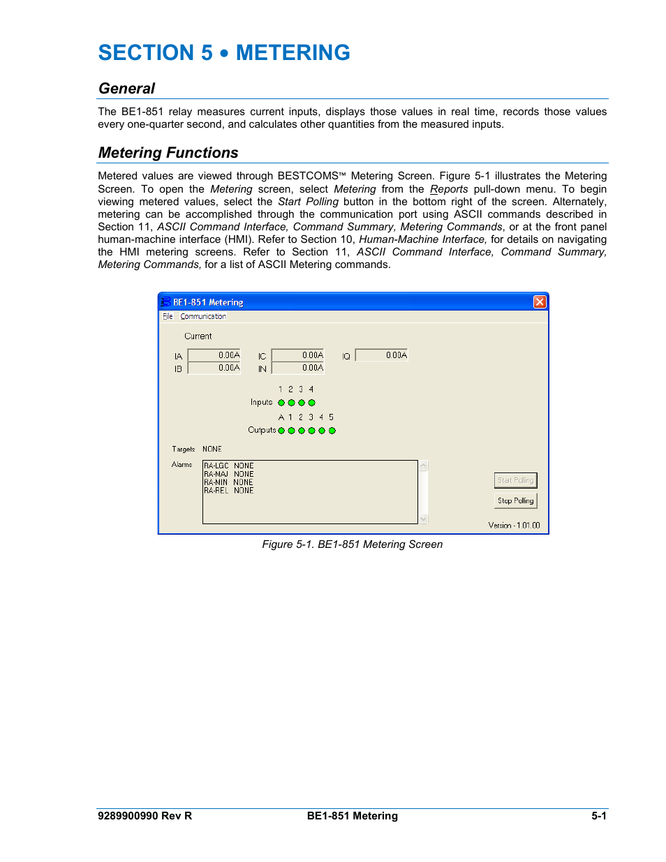 General, Metering functions, Section 5 • metering -1 | General -1, Metering functions -1, Figure 5-1. be1-851 metering screen -1 | Basler Electric BE1-851 User Manual | Page 99 / 364