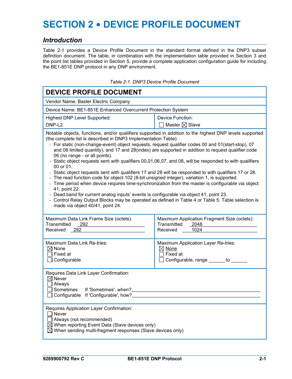 2 - device profile document, Introduction, Section 2 • device profile document -1 | Device profile document | Basler Electric BE1-851E DNP3 Protocol User Manual | Page 11 / 40