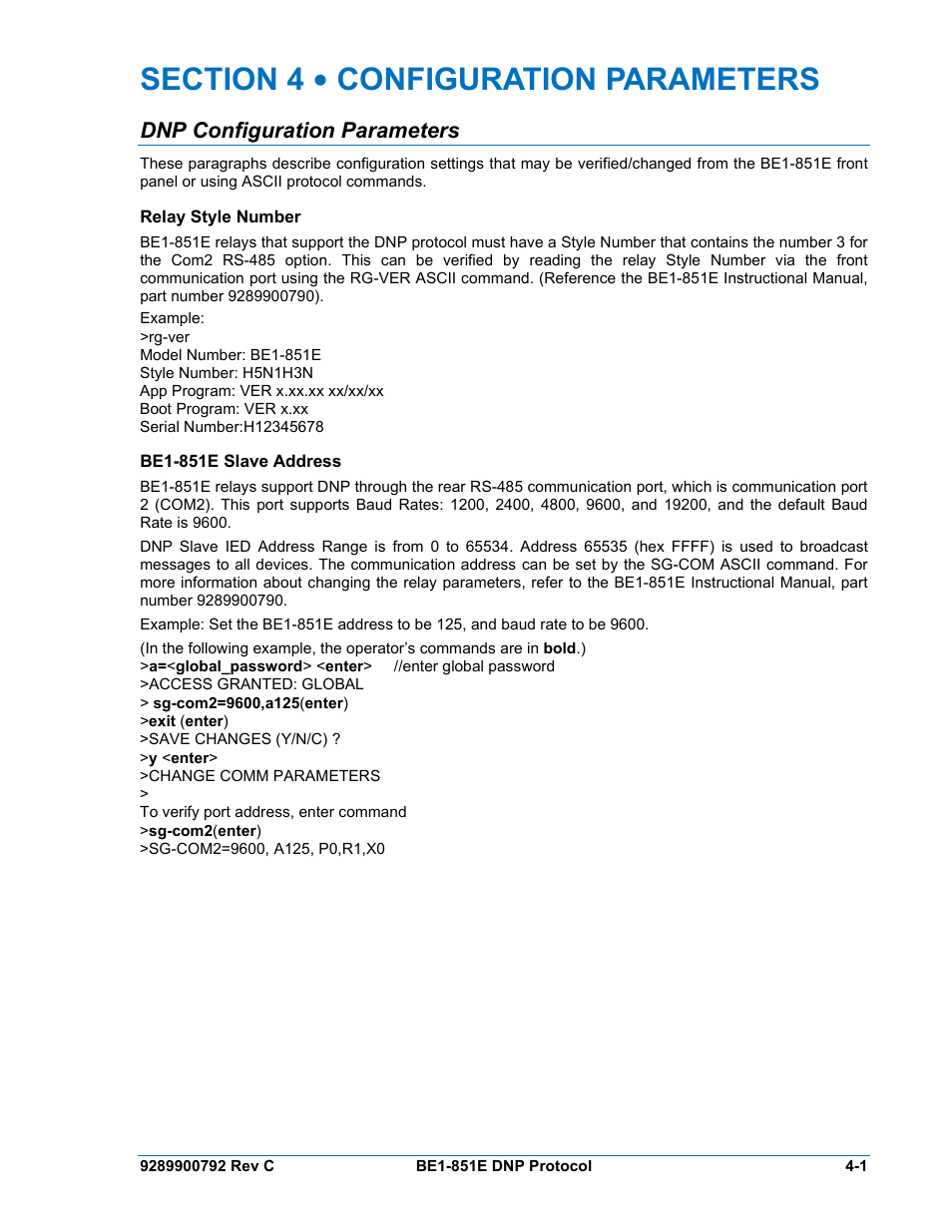 4 - configuration parameters, Dnp configuration parameters, Relay style number | Be1-851e slave address, Section 4 • configuration parameters -1 | Basler Electric BE1-851E DNP3 Protocol User Manual | Page 17 / 40