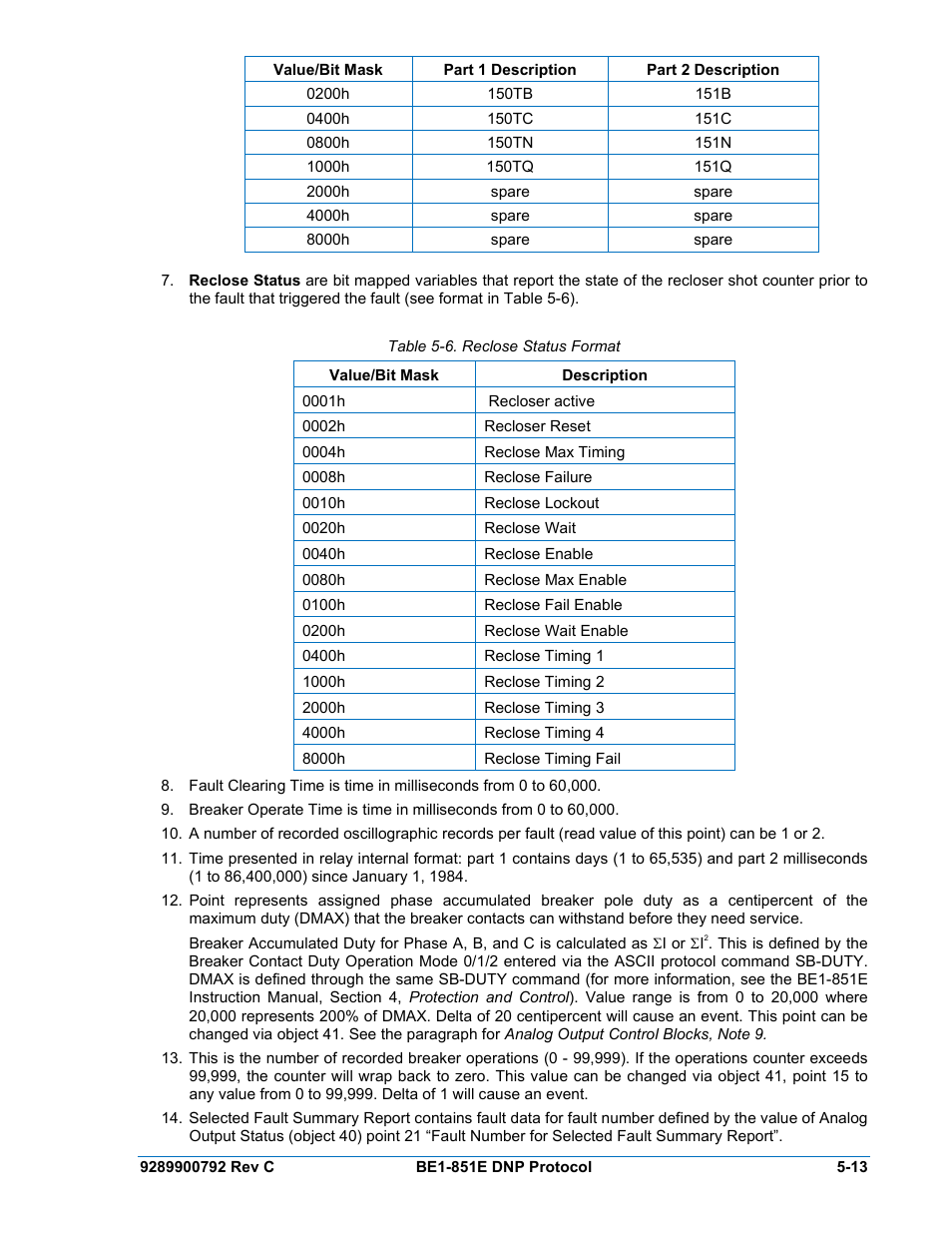 Table 5-6. reclose status format -13 | Basler Electric BE1-851E DNP3 Protocol User Manual | Page 33 / 40