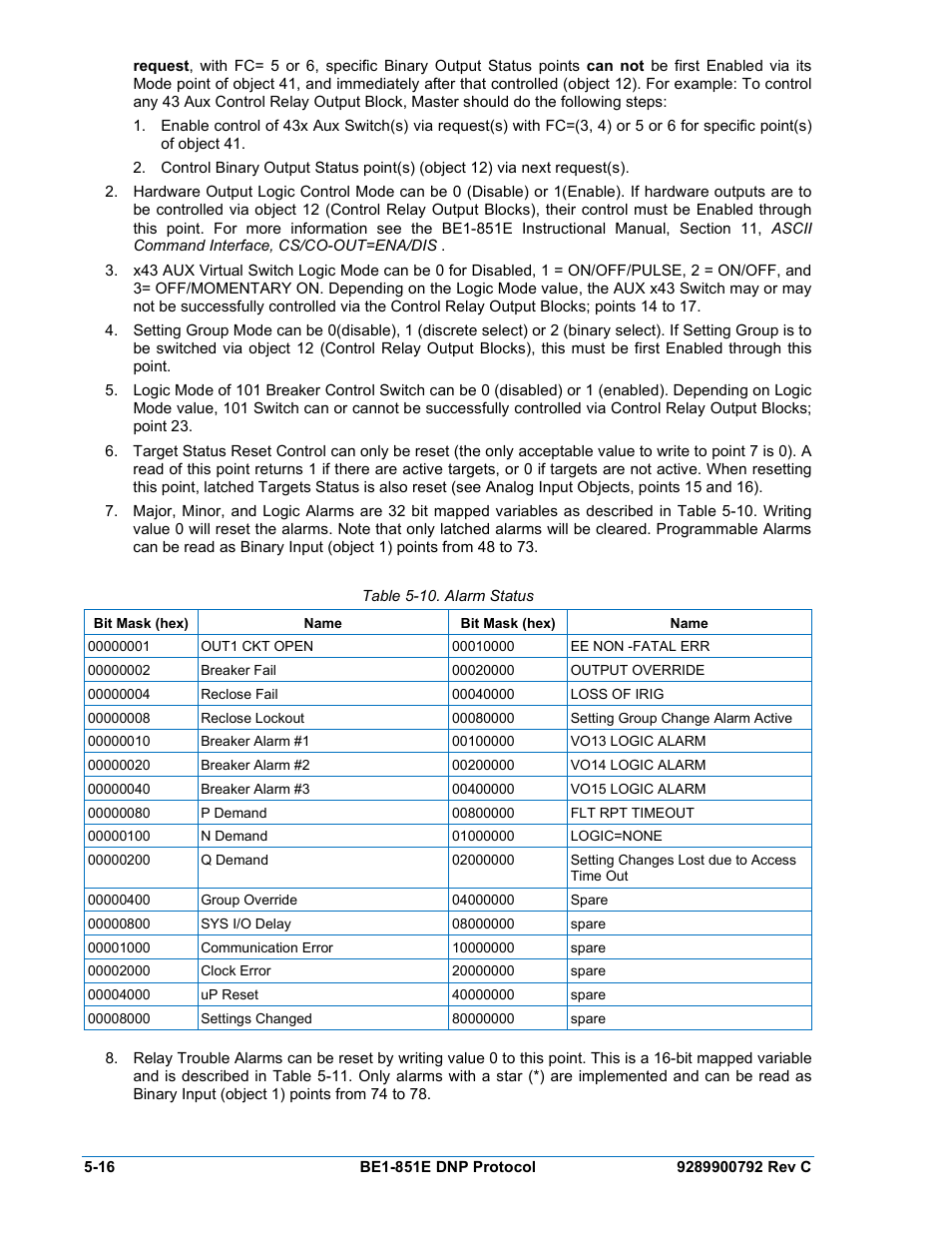 Table 5-10. alarm status -16 | Basler Electric BE1-851E DNP3 Protocol User Manual | Page 36 / 40
