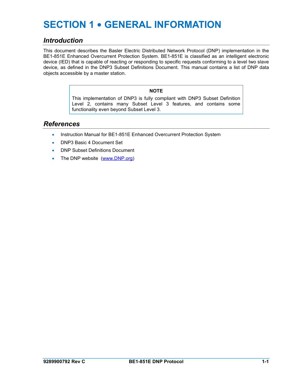 1 - general information, Introduction, References | Section 1 • general information -1 | Basler Electric BE1-851E DNP3 Protocol User Manual | Page 9 / 40