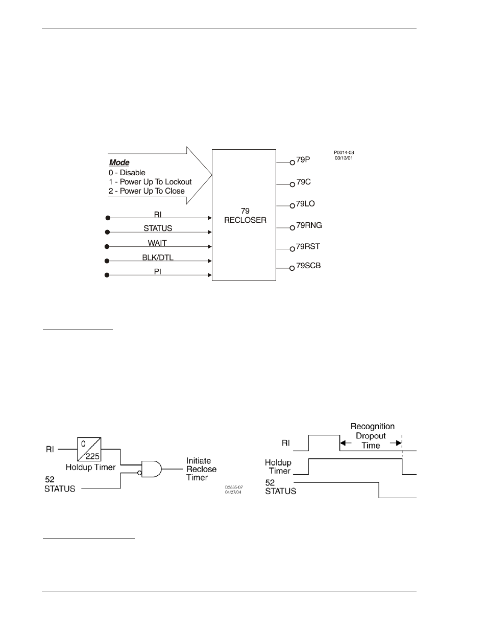 Reclosing (optional), Inputs and outputs, Reclosing (optional) -48 | Inputs and outputs -48, Reclose initiate (ri) -48, Breaker status (status) -48, Figure 4-46. reclosing logic block -48, Figure 4-47. recognition dropout timing -48 | Basler Electric BE1-700 User Manual | Page 104 / 460