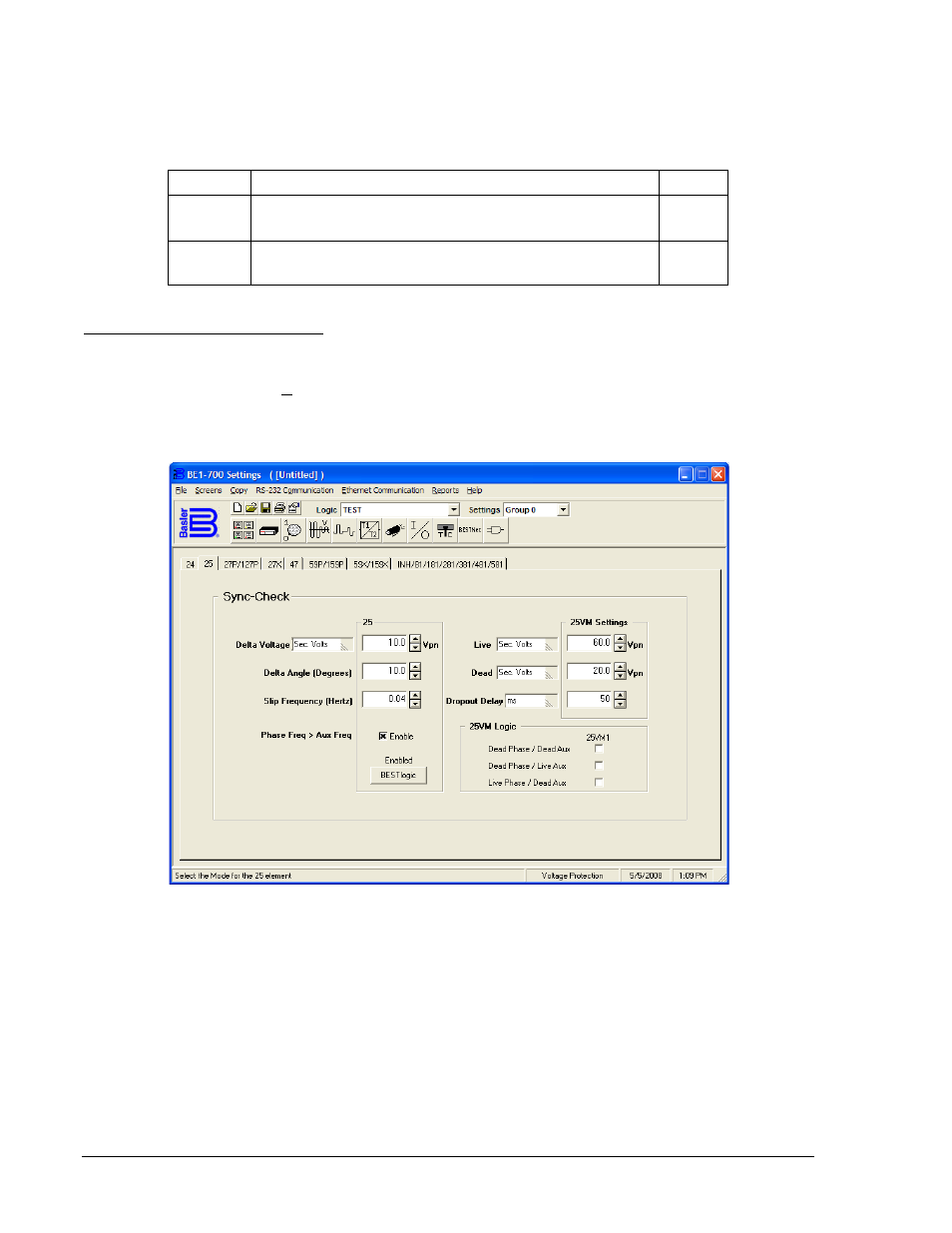 Operating settings for sync-check -58, Figure 4-57. voltage protection screen, 25 tab -58 | Basler Electric BE1-700 User Manual | Page 114 / 460