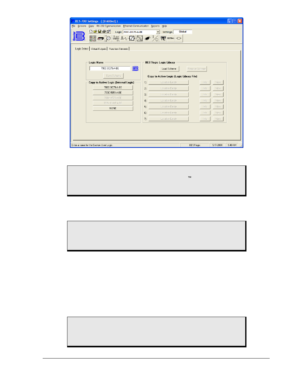 Custom logic schemes, Custom logic schemes -9, Figure 7-7. bestlogic screen, logic select tab -9 | Basler Electric BE1-700 User Manual | Page 177 / 460