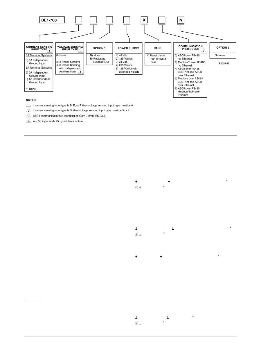 Operational specifications, Metered current values and accuracy (be1-700c), Metered voltage values and accuracy (be1-700v) | Metered frequency values and accuracy (be1-700v), Calculated values and accuracy, Operational specifications -6, Metered current values and accuracy (be1-700c) -6, Metered voltage values and accuracy (be1-700v) -6, Calculated values and accuracy -6, Figure 1-1. style number identification chart -6 | Basler Electric BE1-700 User Manual | Page 18 / 460