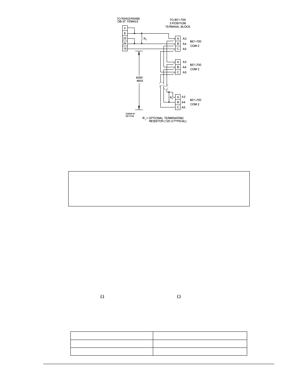 Ethernet connections, Ascii command communication, Irig input and connections | Ethernet connections -21, Ascii command communication -21, Irig input and connections -21, Figure 12-22. rs-485 db-37 to be1-700 -21, Table 12-4. irig terminal assignments -21 | Basler Electric BE1-700 User Manual | Page 291 / 460