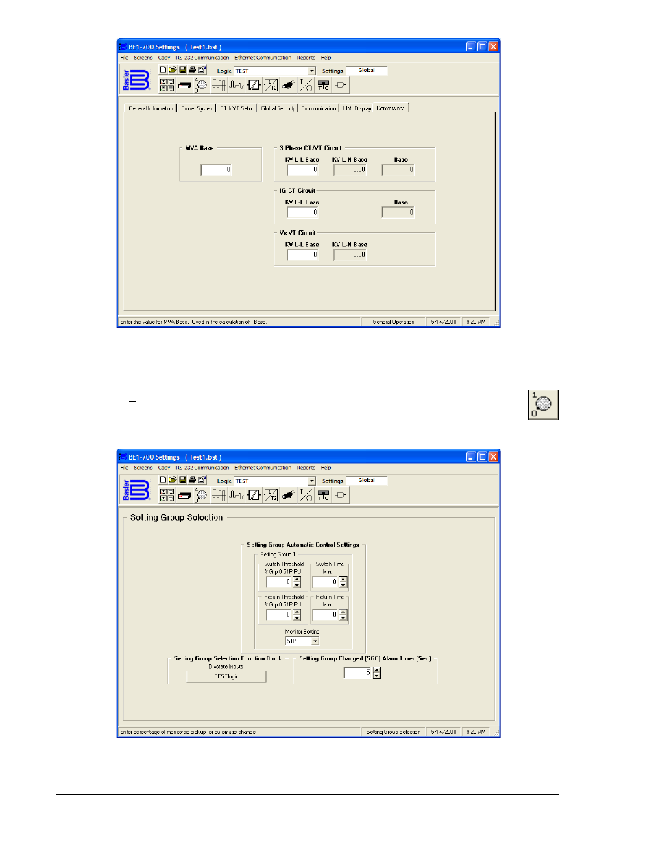 Setting group selection, Setting group selection -10, Figure 14-11. setting group selection screen -10 | Basler Electric BE1-700 User Manual | Page 364 / 460