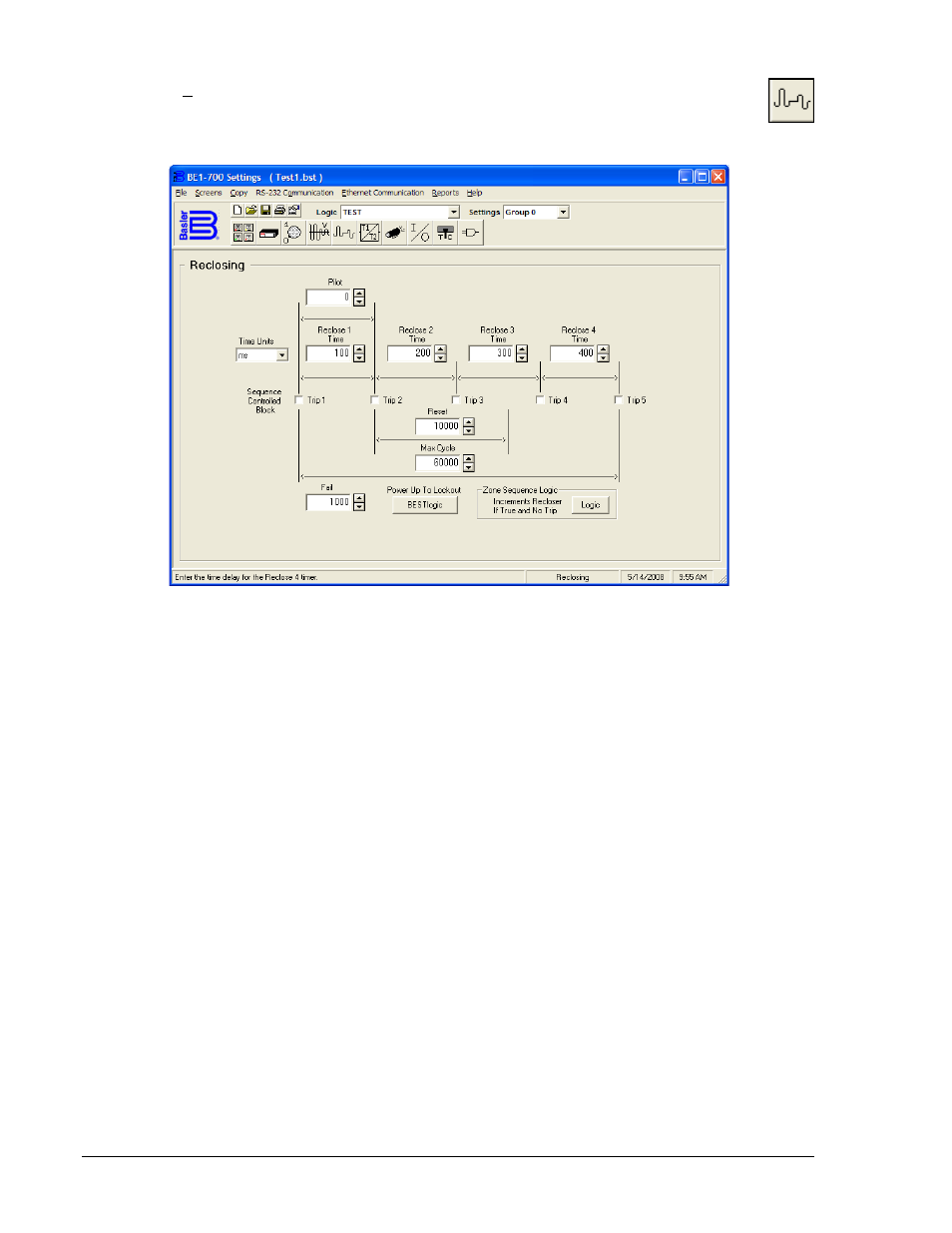 Reclosing (optional), Reclosing (optional) -18, Figure 14-22. reclosing screen -18 | Basler Electric BE1-700 User Manual | Page 372 / 460