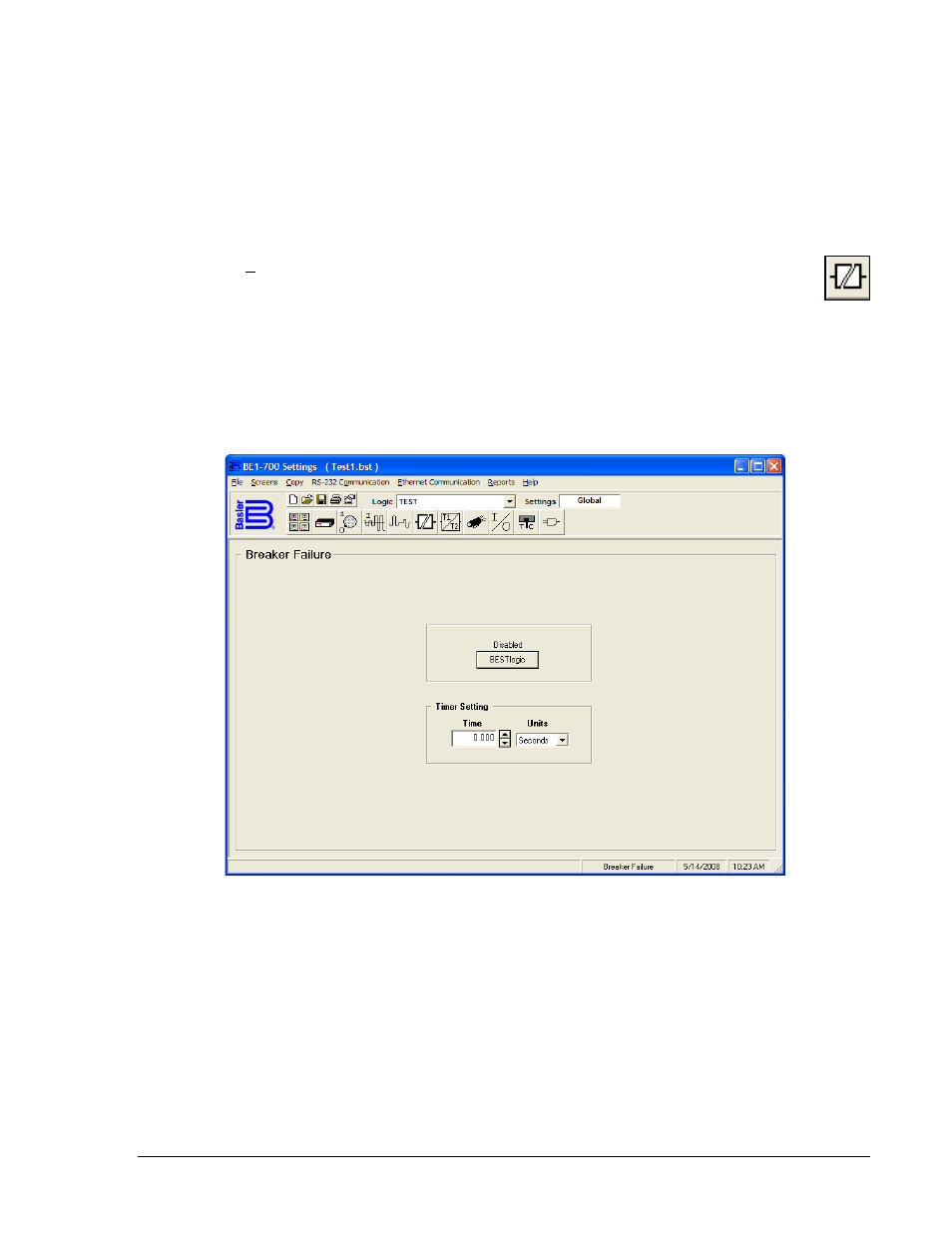 Breaker failure (be1-700c), Breaker failure (be1-700c) -19, Figure 14-23. breaker failure screen -19 | Basler Electric BE1-700 User Manual | Page 373 / 460