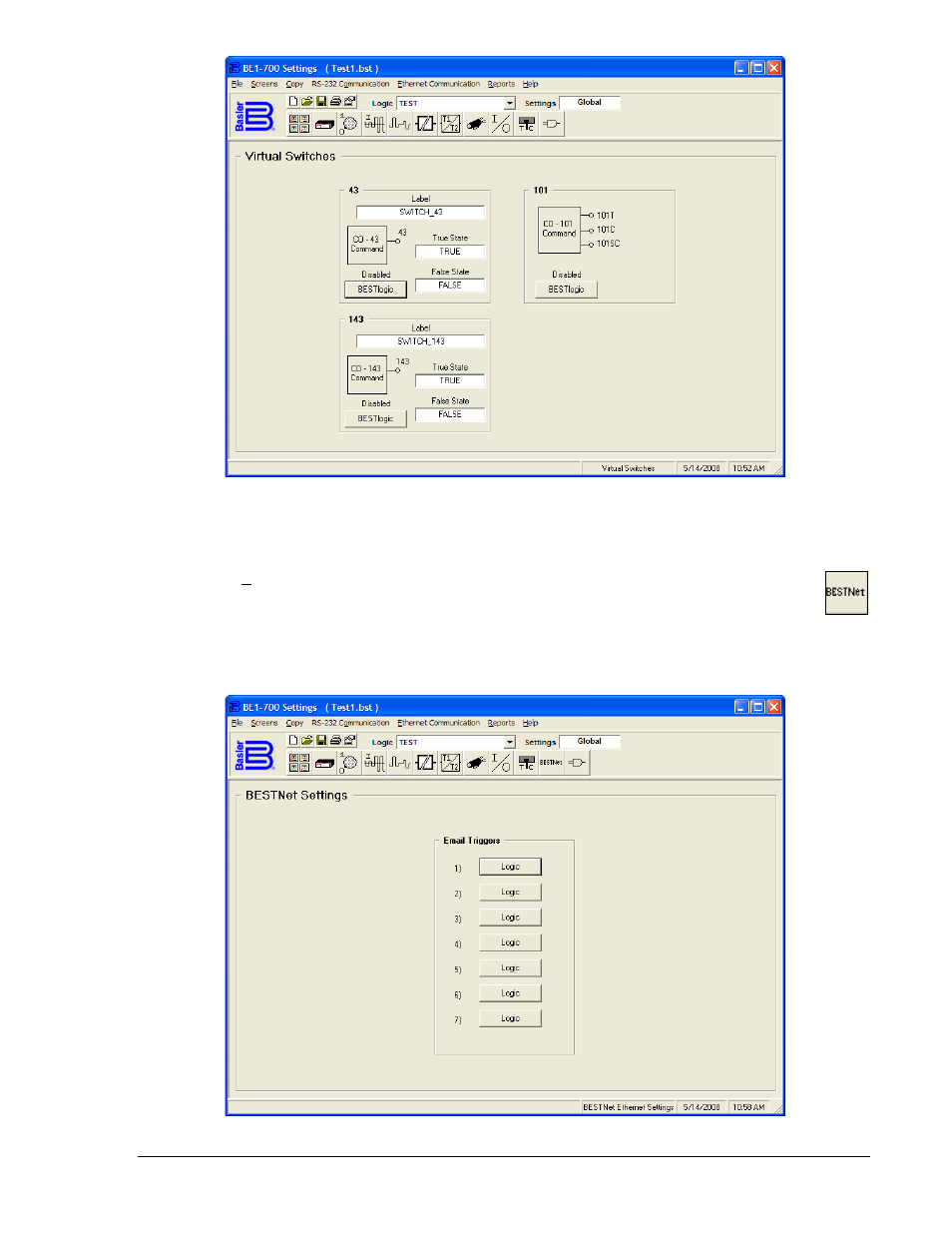 Bestnet settings, Bestnet settings -27, Figure 14-33. virtual switches screen -27 | Figure 14-34. bestnet settings screen -27 | Basler Electric BE1-700 User Manual | Page 381 / 460