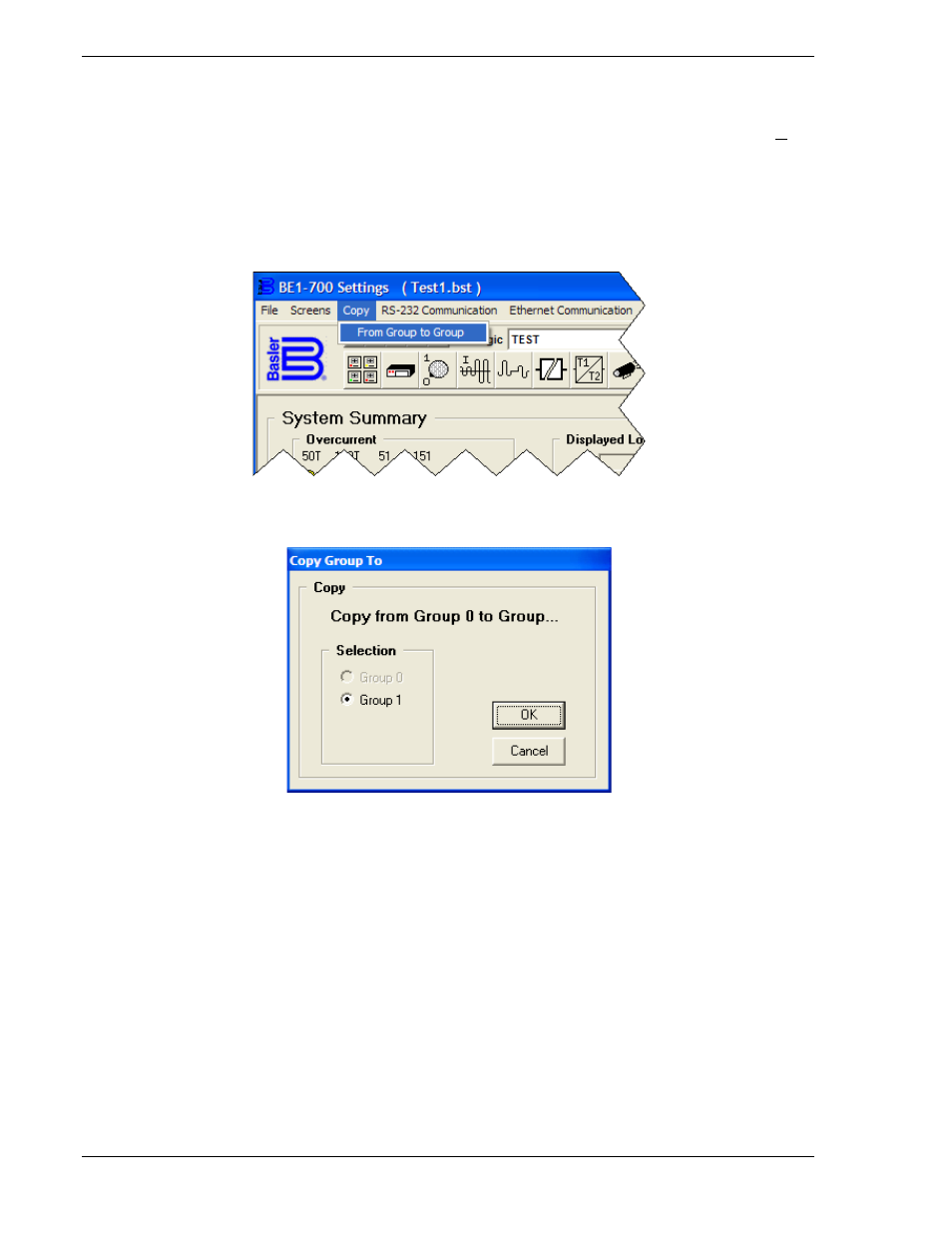 Copying settings from group to group, Copying settings from group to group -30, Figure 14-39. copy group to dialog box -30 | Basler Electric BE1-700 User Manual | Page 384 / 460