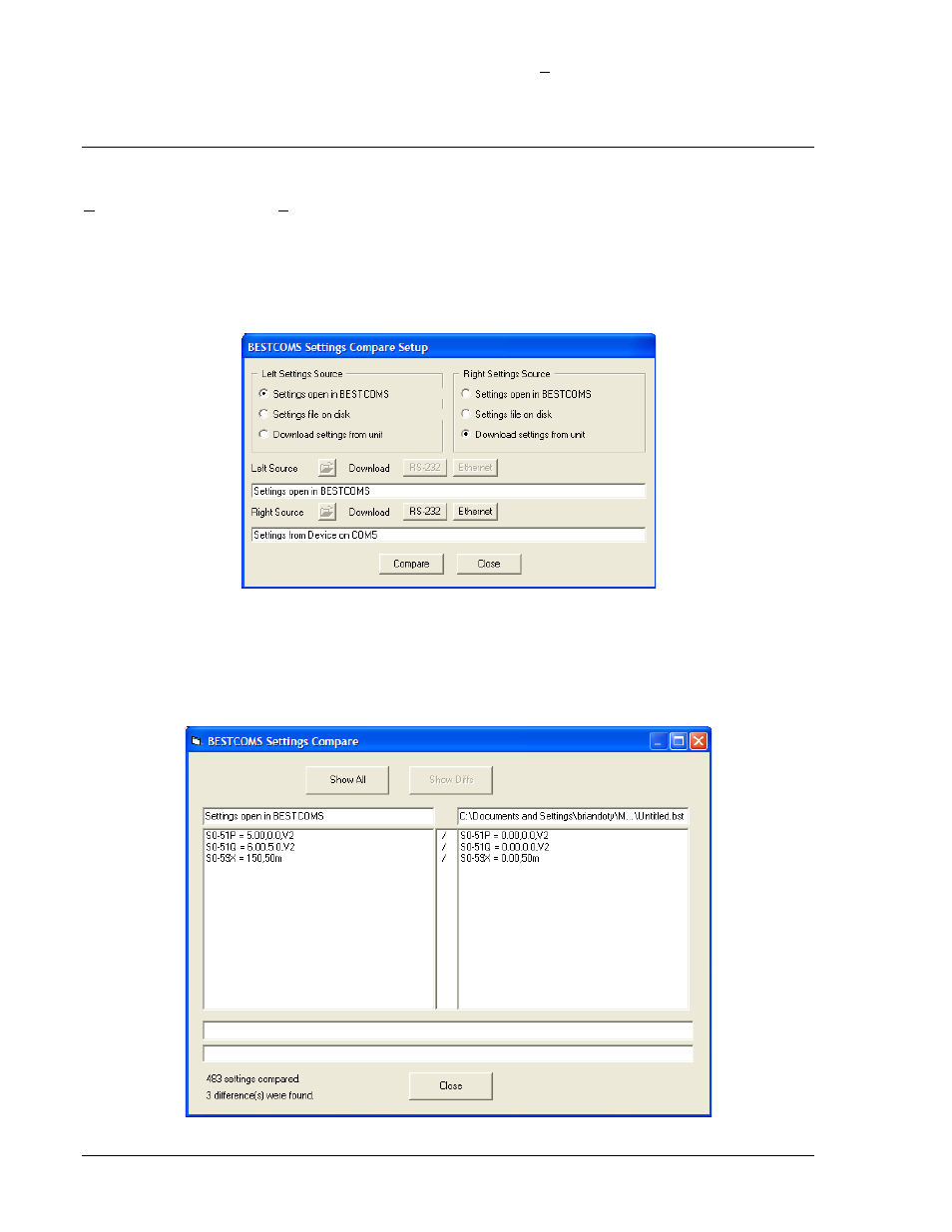 Settings compare, Settings compare -34, Figure 14-44. settings compare setup -34 | Figure 14-45. settings compare view -34 | Basler Electric BE1-700 User Manual | Page 388 / 460
