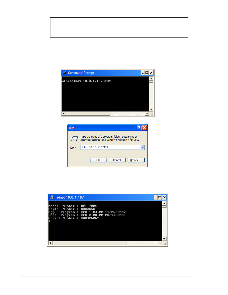 Telnet command example, Telnet command example -20, Figure 15-20. windows command prompt window -20 | Figure 15-21. windows run box -20 | Basler Electric BE1-700 User Manual | Page 412 / 460