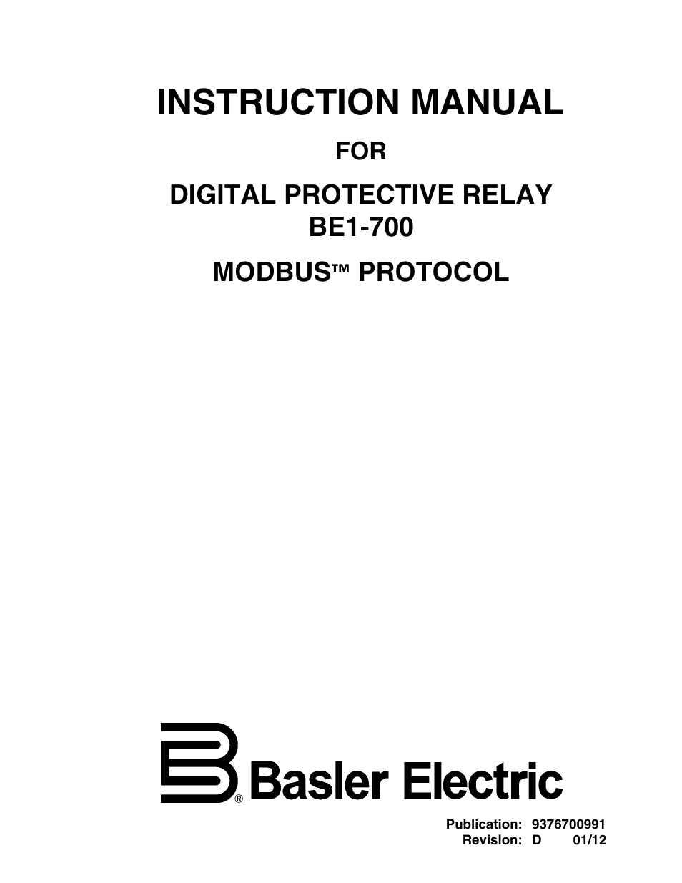 Basler Electric BE1-700 Modbus Protocol User Manual | 92 pages