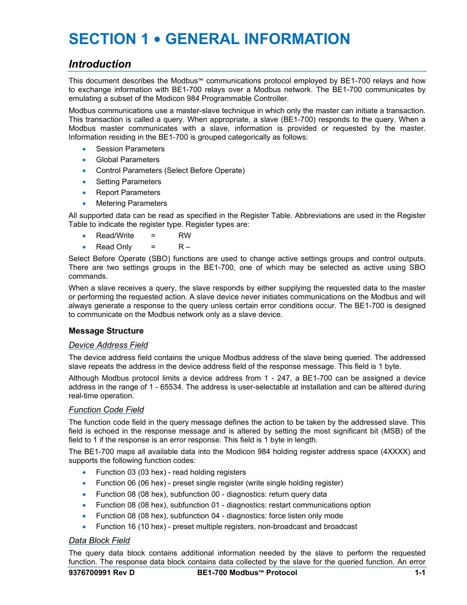 Introduction, Message structure, Device address field | Function code field, Data block field, Section 1 • general information -1, Introduction -1, Message structure -1 | Basler Electric BE1-700 Modbus Protocol User Manual | Page 11 / 92