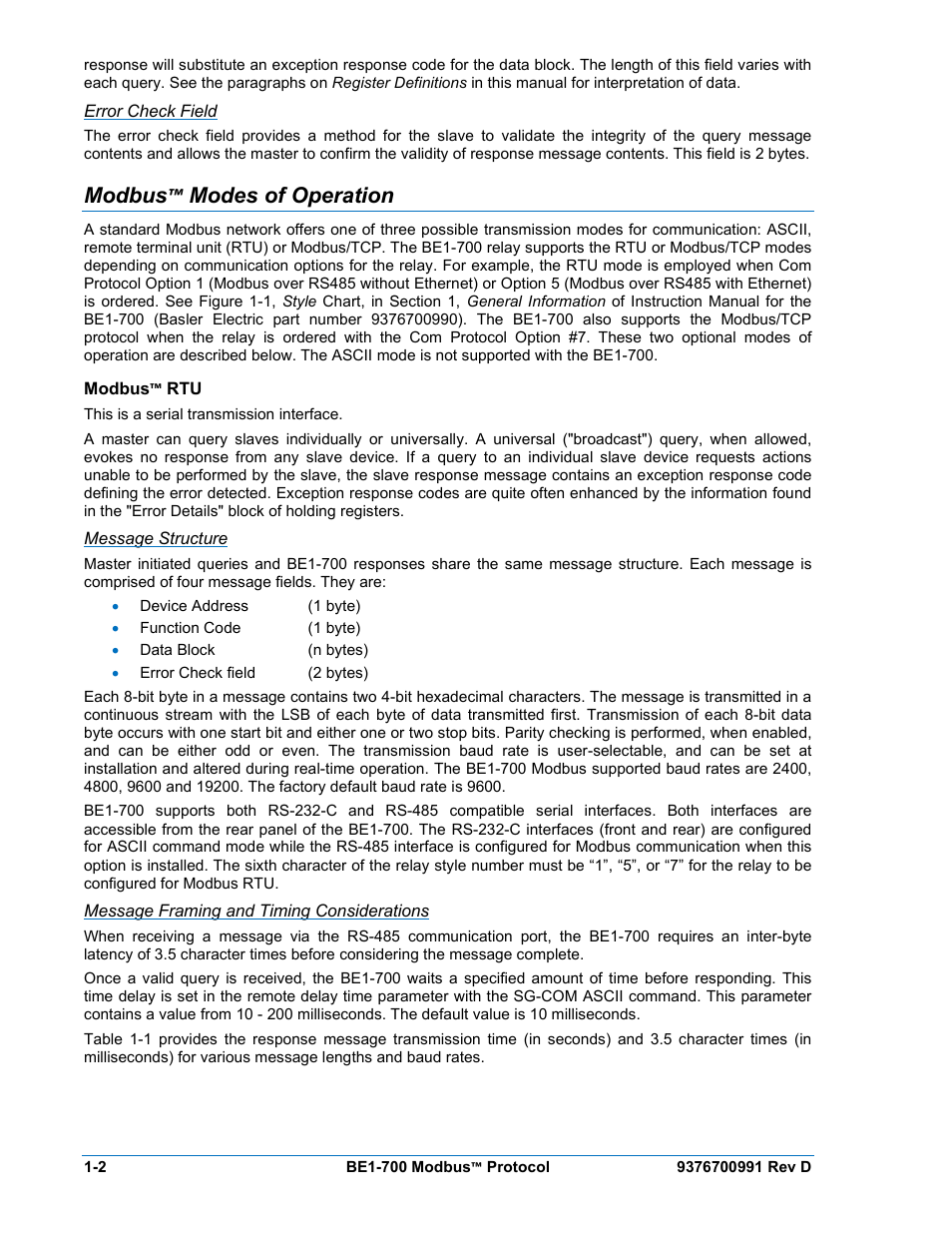 Error check field, Modbus™ modes of operation, Modbus™ rtu | Message structure, Message framing and timing considerations, Modbus™ modes of operation -2, Modbus™ rtu -2 | Basler Electric BE1-700 Modbus Protocol User Manual | Page 12 / 92