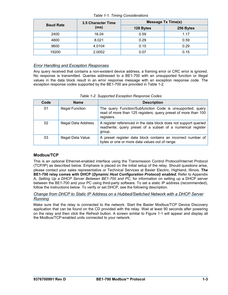 Error handling and exception responses, Modbus/tcp, Modbus/tcp -3 | Table 1-1. timing considerations, Table 1-2. supported exception response codes | Basler Electric BE1-700 Modbus Protocol User Manual | Page 13 / 92