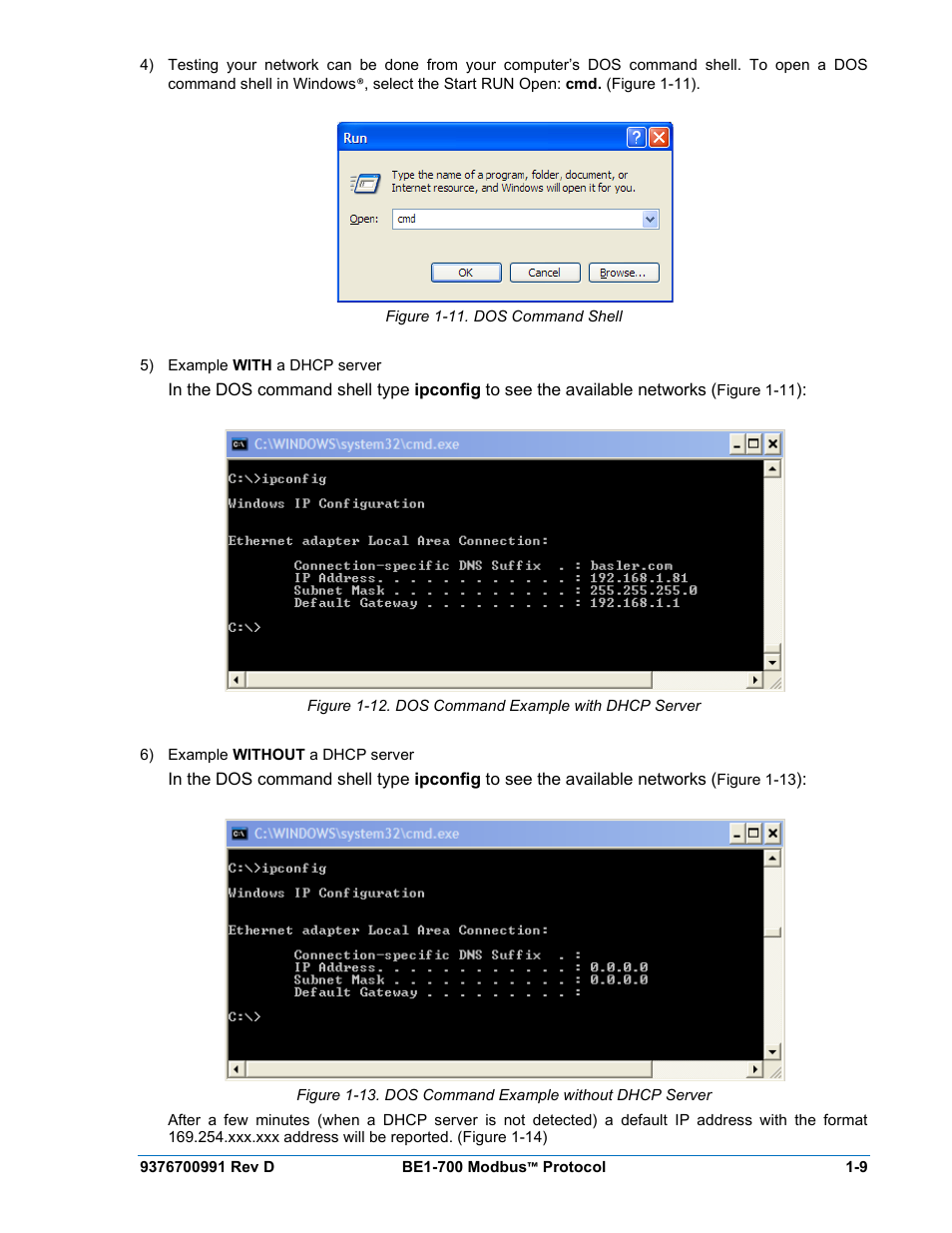 Figure 1-11. dos command shell, Figure 1-12. dos command example with dhcp server | Basler Electric BE1-700 Modbus Protocol User Manual | Page 19 / 92