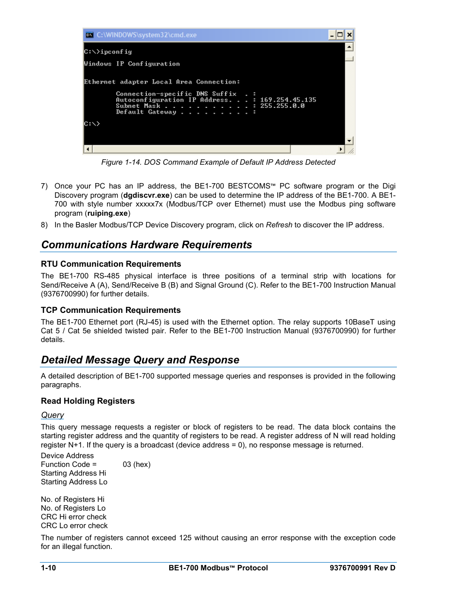 Communications hardware requirements, Rtu communication requirements, Tcp communication requirements | Detailed message query and response, Read holding registers, Query, Communications hardware requirements -10, Rtu communication requirements -10, Tcp communication requirements -10, Detailed message query and response -10 | Basler Electric BE1-700 Modbus Protocol User Manual | Page 20 / 92