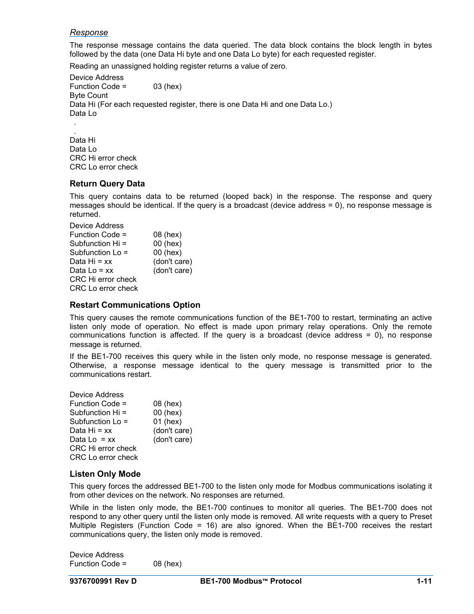 Response, Return query data, Restart communications option | Listen only mode, Return query data -11, Restart communications option -11, Listen only mode -11 | Basler Electric BE1-700 Modbus Protocol User Manual | Page 21 / 92