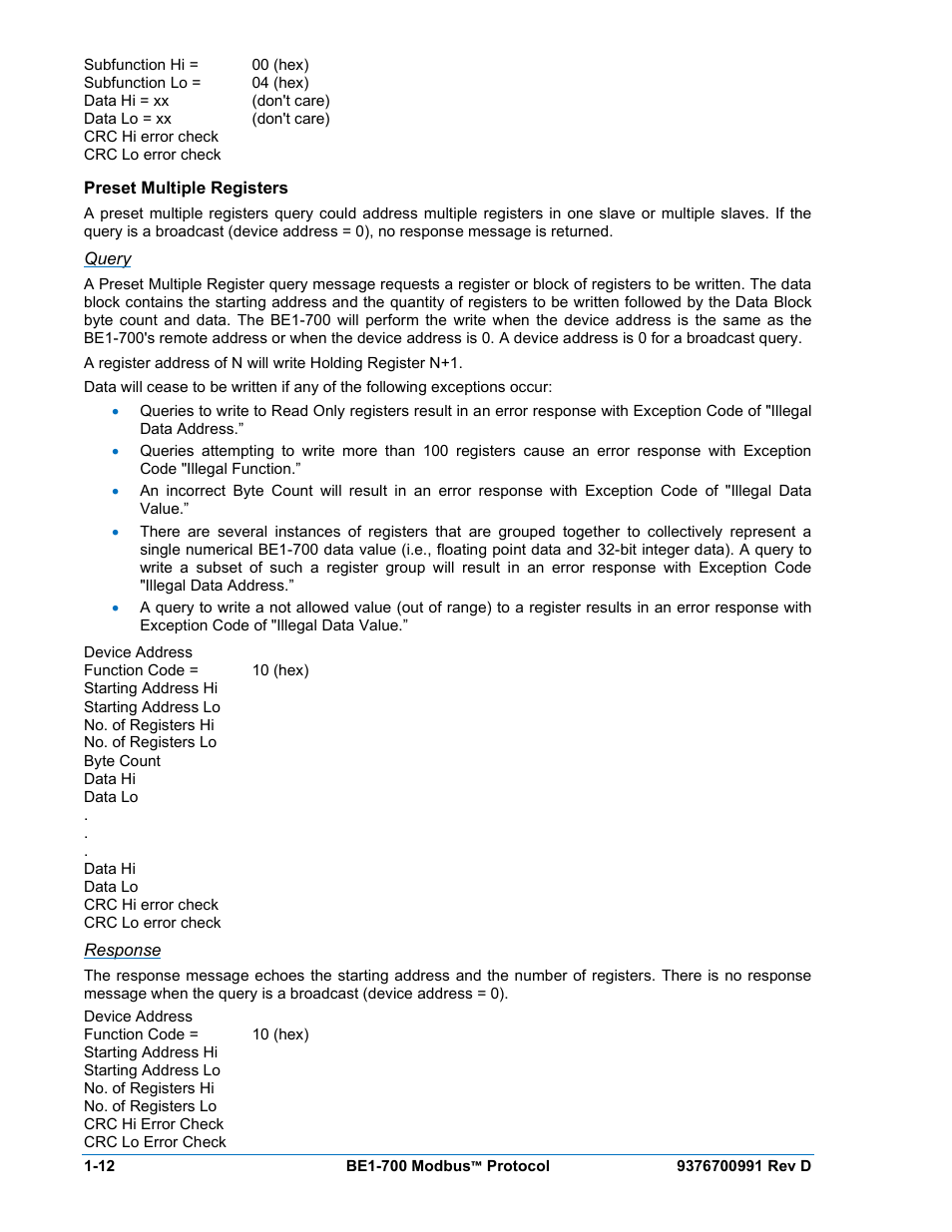 Preset multiple registers, Query, Response | Preset multiple registers -12 | Basler Electric BE1-700 Modbus Protocol User Manual | Page 22 / 92