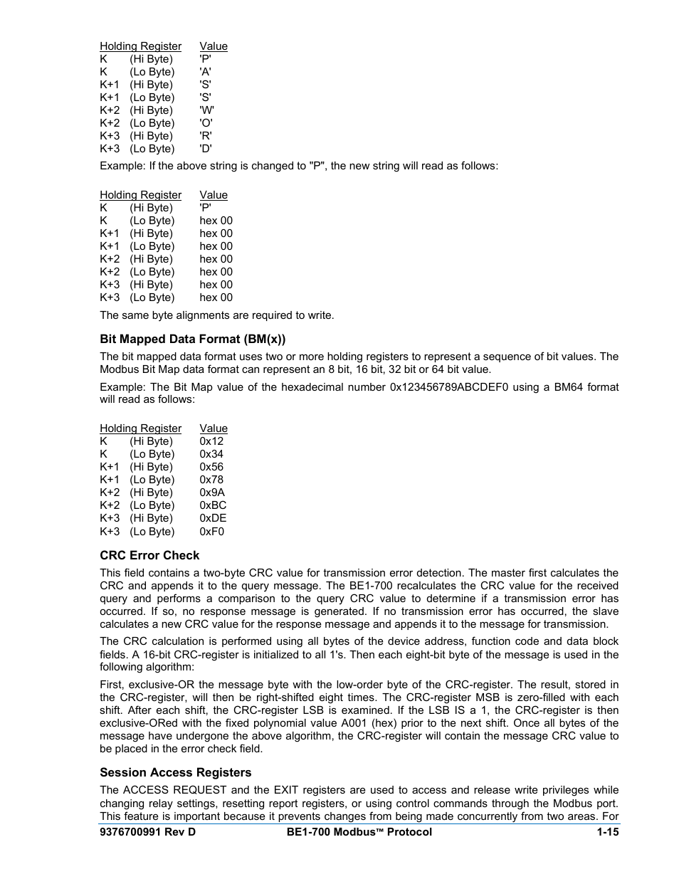 Bit mapped data format (bm(x)), Crc error check, Session access registers | Bit mapped data format (bm(x)) -15, Crc error check -15, Session access registers -15 | Basler Electric BE1-700 Modbus Protocol User Manual | Page 25 / 92