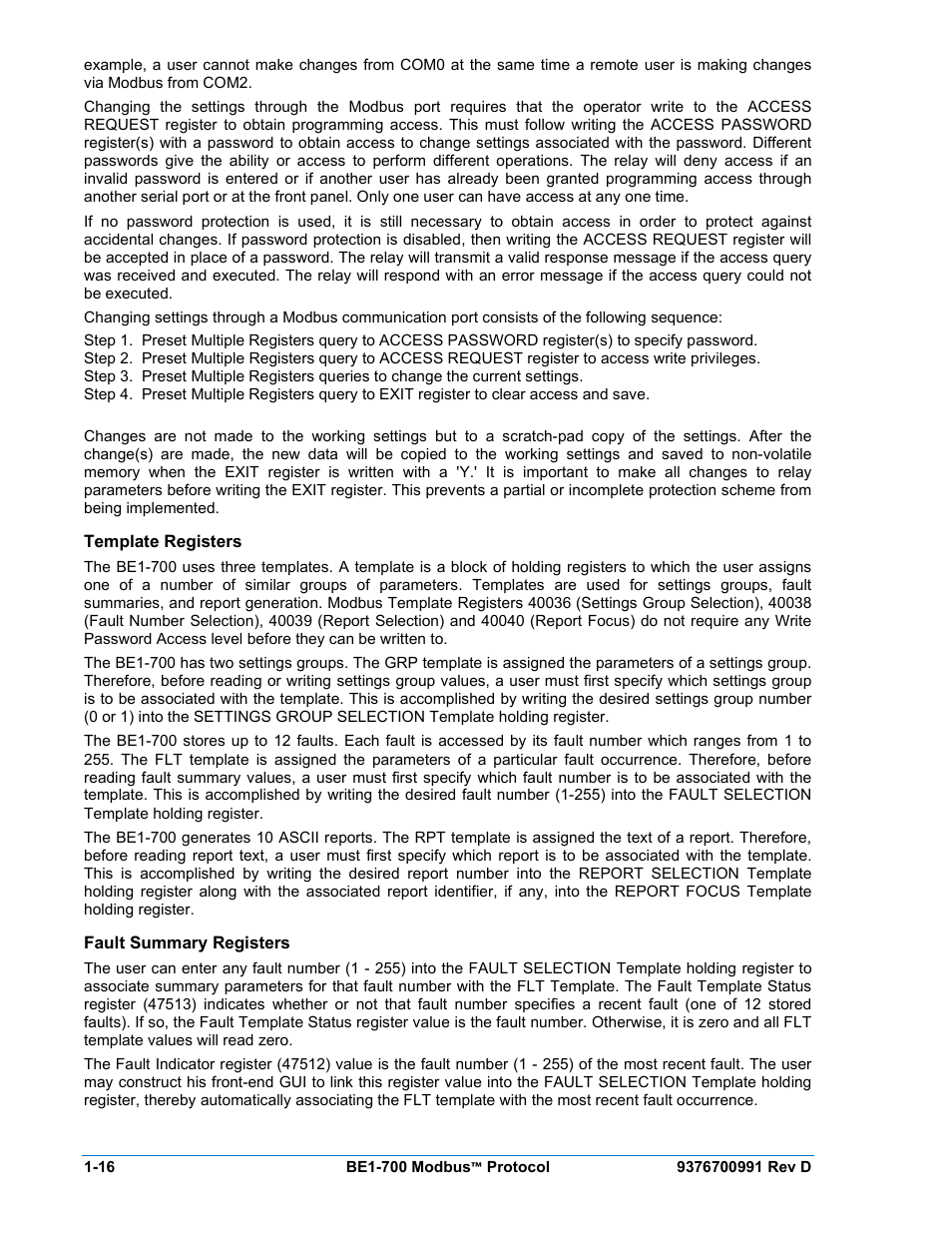 Template registers, Fault summary registers, Template registers -16 | Fault summary registers -16 | Basler Electric BE1-700 Modbus Protocol User Manual | Page 26 / 92