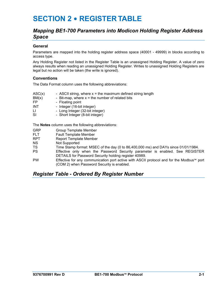Section 2 • register table, General, Conventions | Register table - ordered by register number, Section 2, Register table -1 | Basler Electric BE1-700 Modbus Protocol User Manual | Page 29 / 92