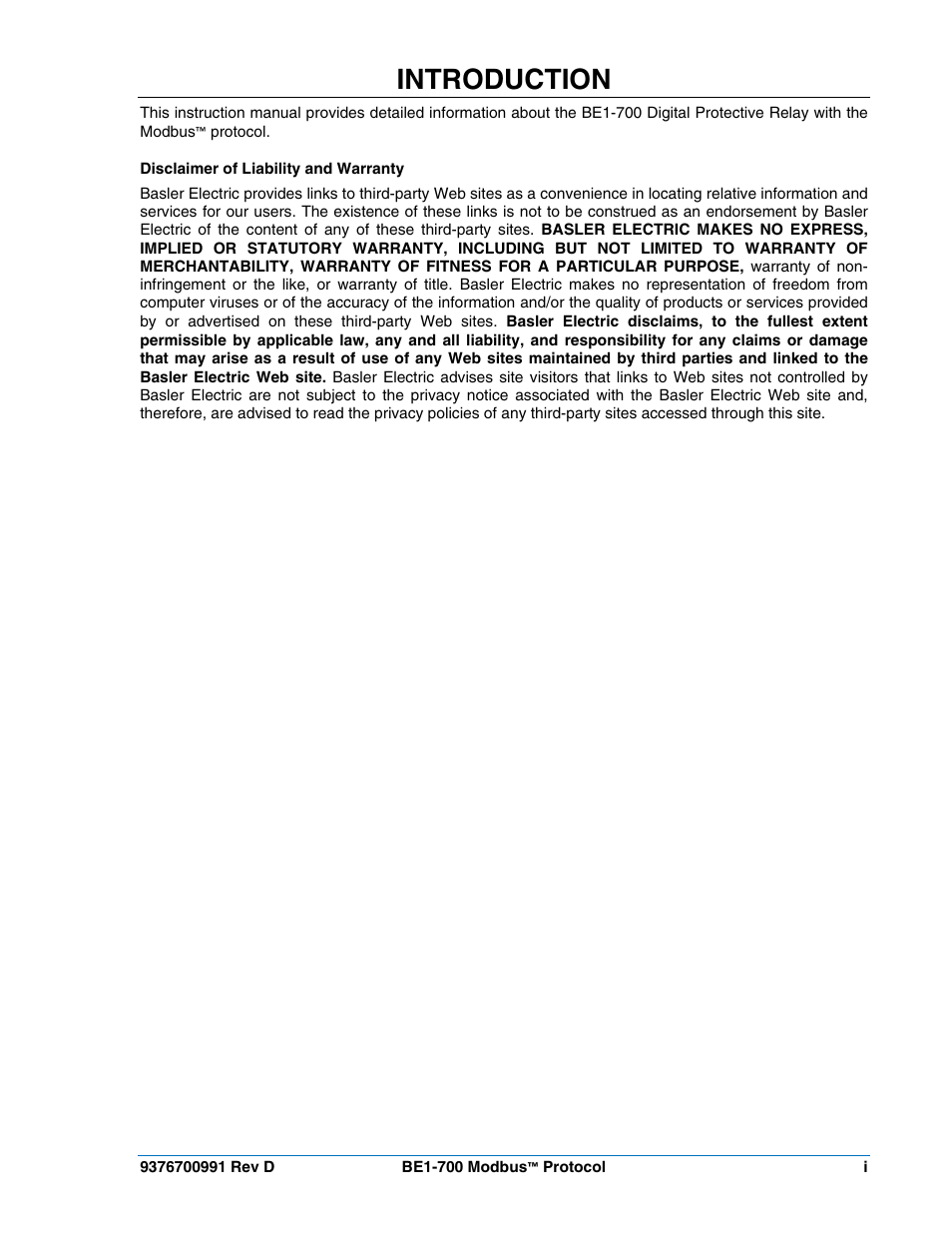 Introduction | Basler Electric BE1-700 Modbus Protocol User Manual | Page 3 / 92