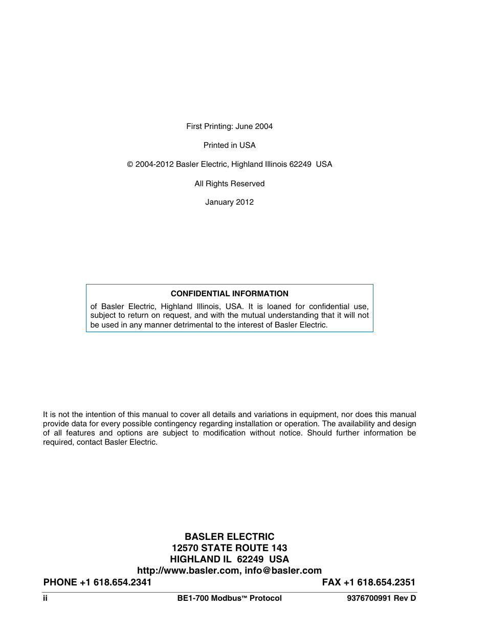 Basler Electric BE1-700 Modbus Protocol User Manual | Page 4 / 92