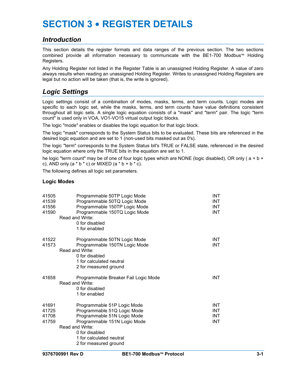 Introduction, Logic settings, Logic modes | Section 3 • register details -1, Introduction -1, Logic settings -1, Logic modes -1 | Basler Electric BE1-700 Modbus Protocol User Manual | Page 49 / 92