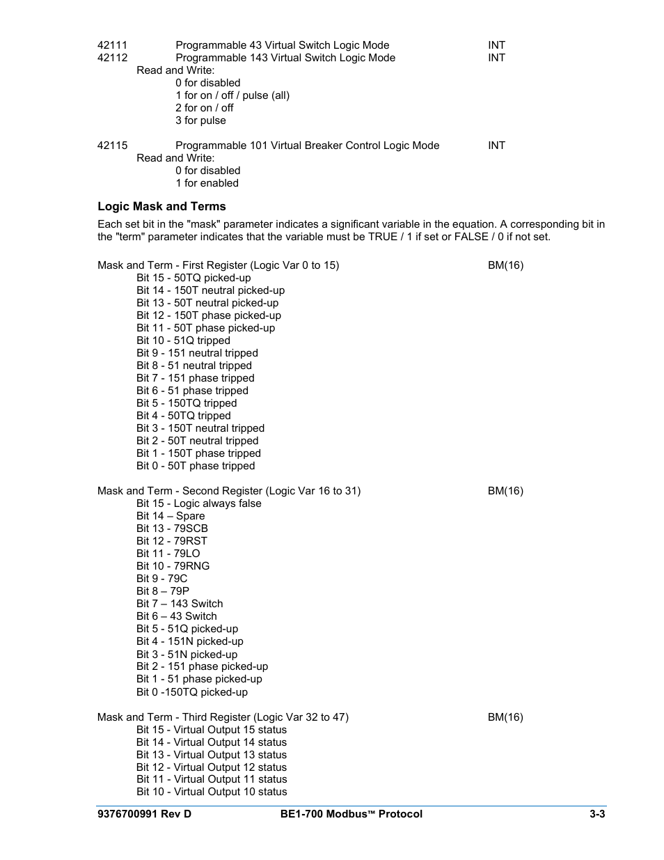 Logic mask and terms, Logic mask and terms -3 | Basler Electric BE1-700 Modbus Protocol User Manual | Page 51 / 92