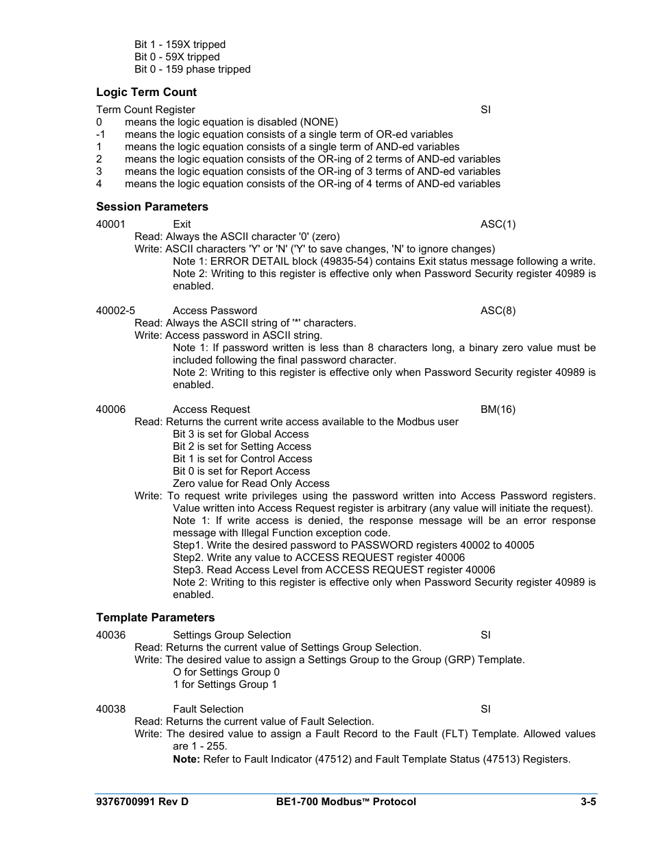 Logic term count, Session parameters, Template parameters | Logic term count -5, Session parameters -5, Template parameters -5 | Basler Electric BE1-700 Modbus Protocol User Manual | Page 53 / 92