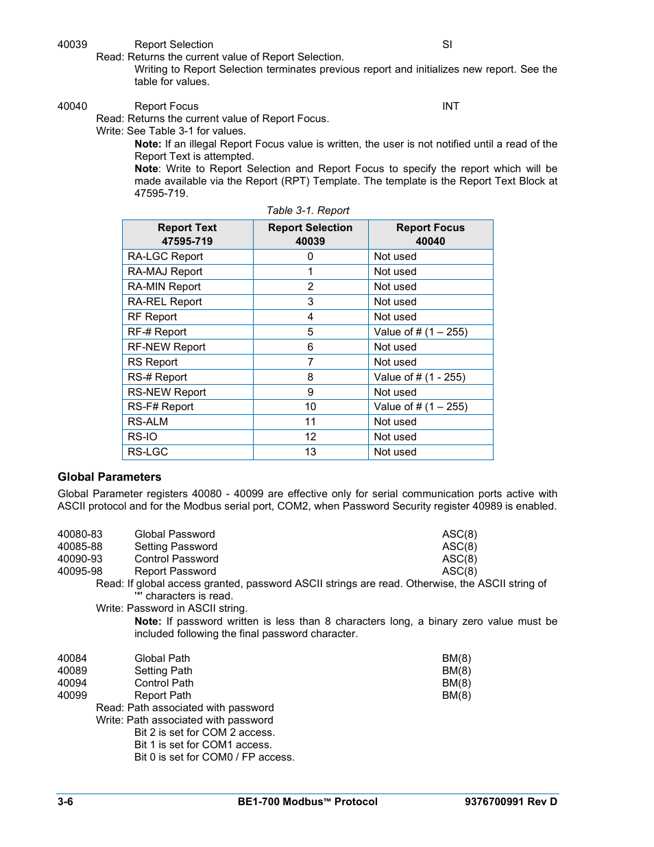 Global parameters, Global parameters -6, Table 3-1. report | Basler Electric BE1-700 Modbus Protocol User Manual | Page 54 / 92