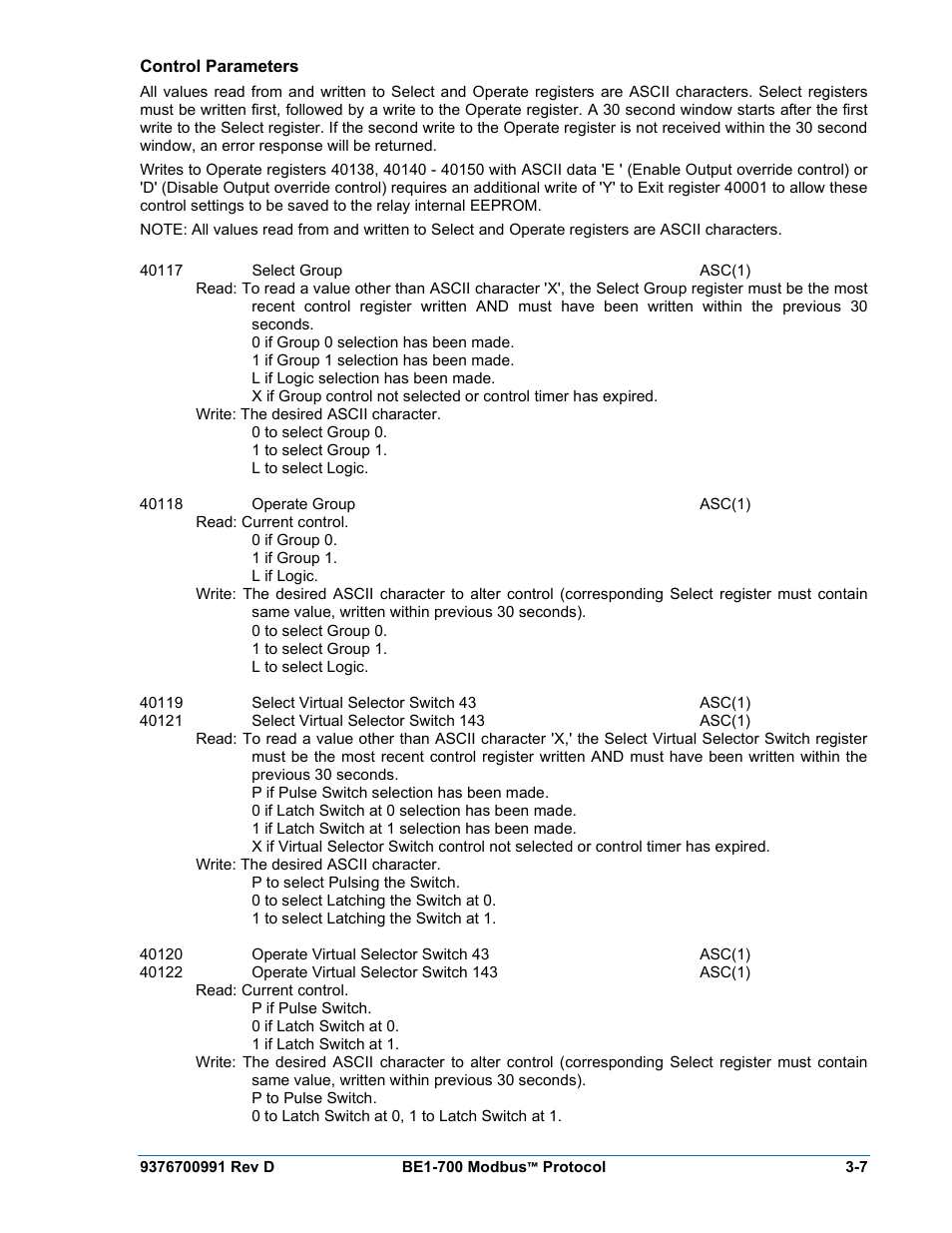 Control parameters, Control parameters -7 | Basler Electric BE1-700 Modbus Protocol User Manual | Page 55 / 92