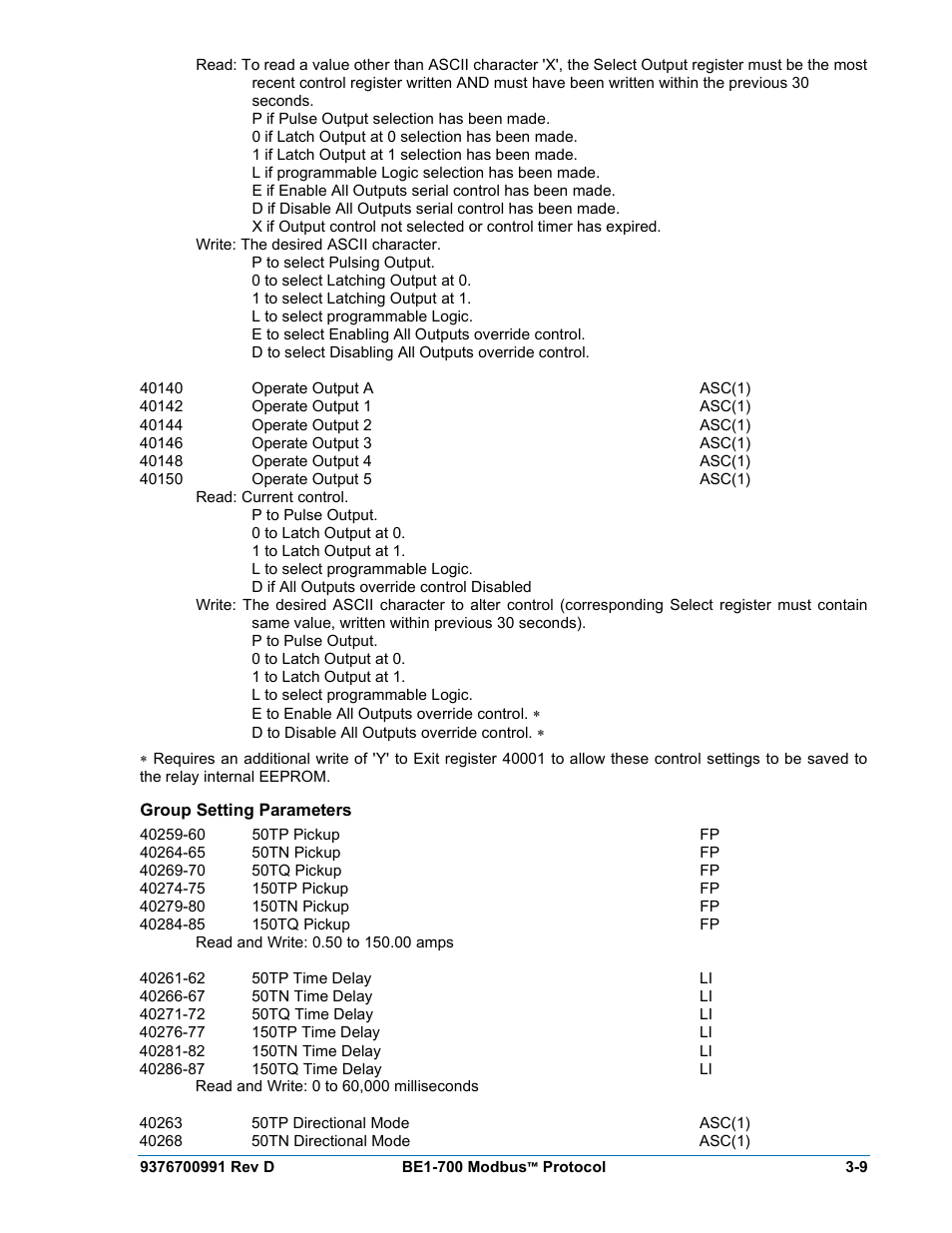 Group setting parameters, Group setting parameters -9 | Basler Electric BE1-700 Modbus Protocol User Manual | Page 57 / 92