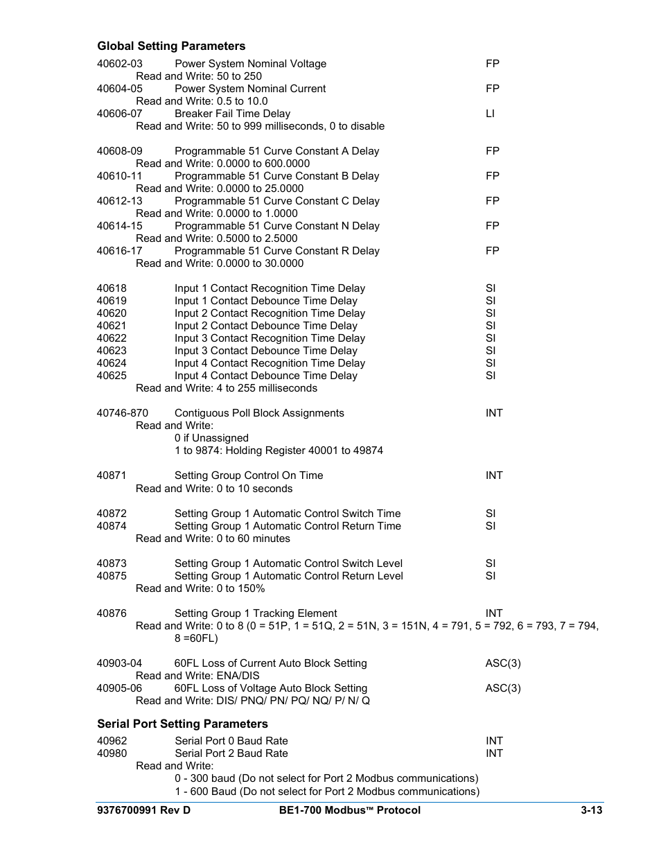Global setting parameters, Serial port setting parameters, Global setting parameters -13 | Serial port setting parameters -13 | Basler Electric BE1-700 Modbus Protocol User Manual | Page 61 / 92