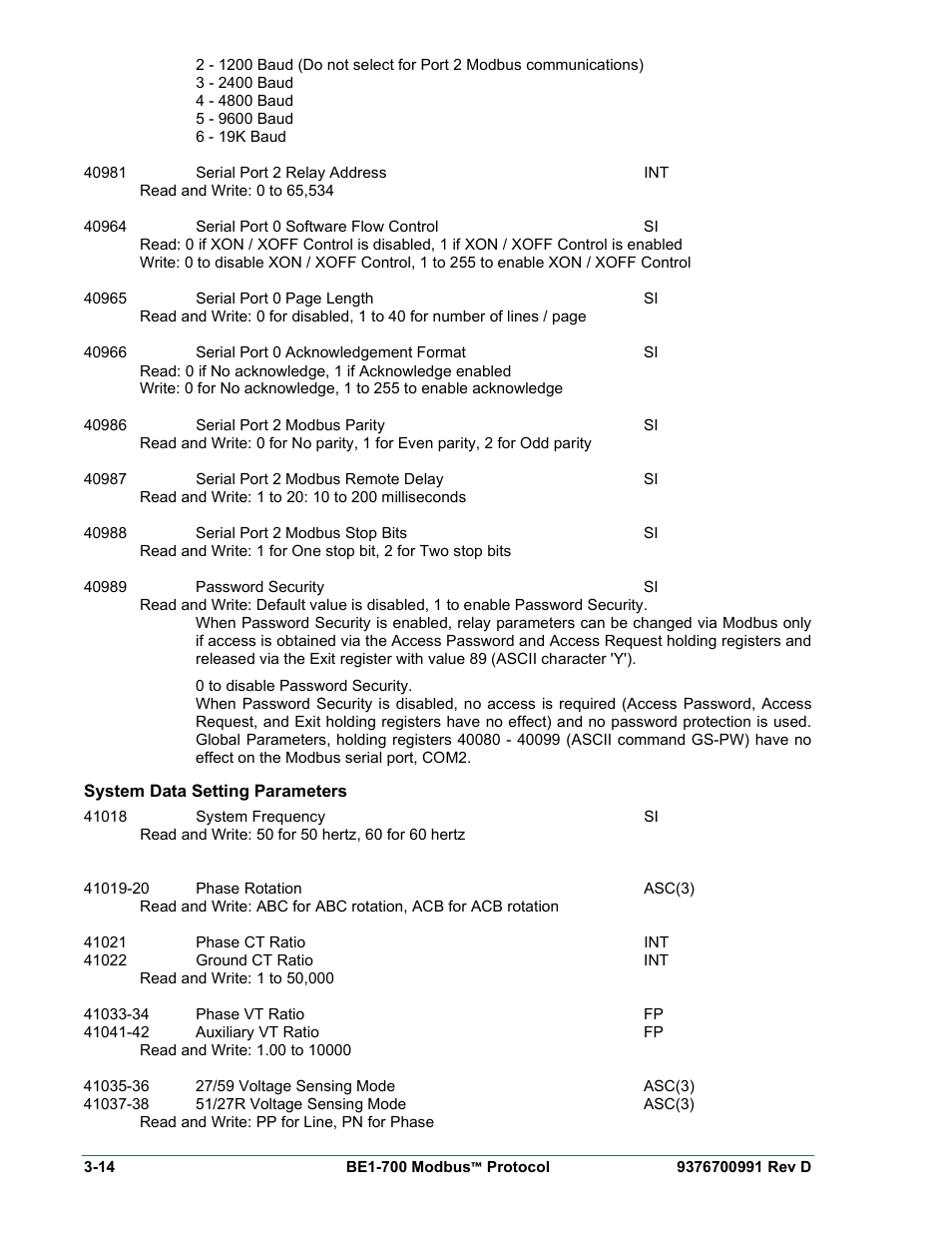 System data setting parameters, System data setting parameters -14 | Basler Electric BE1-700 Modbus Protocol User Manual | Page 62 / 92