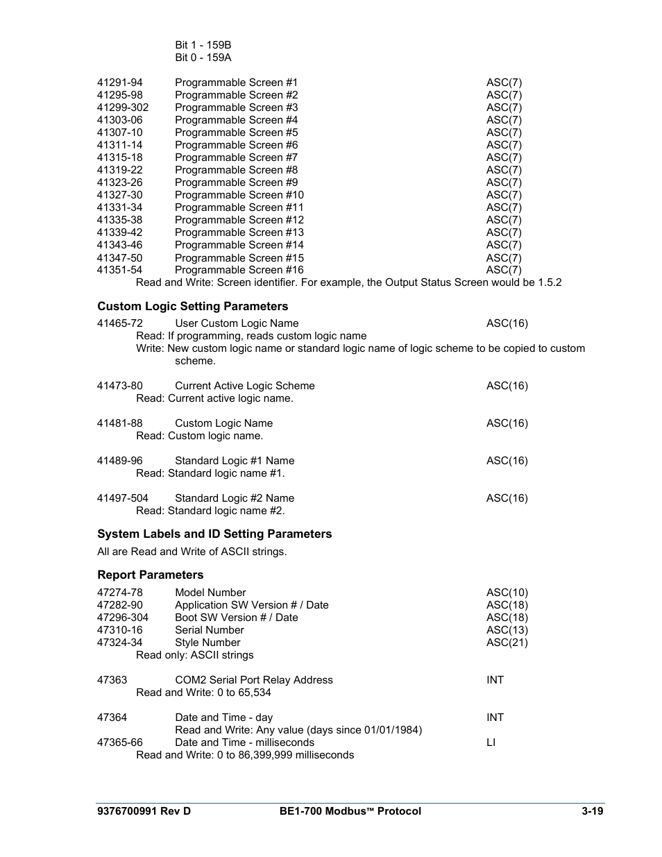 Custom logic setting parameters, System labels and id setting parameters, Report parameters | Custom logic setting parameters -19, System labels and id setting parameters -19, Report parameters -19 | Basler Electric BE1-700 Modbus Protocol User Manual | Page 67 / 92